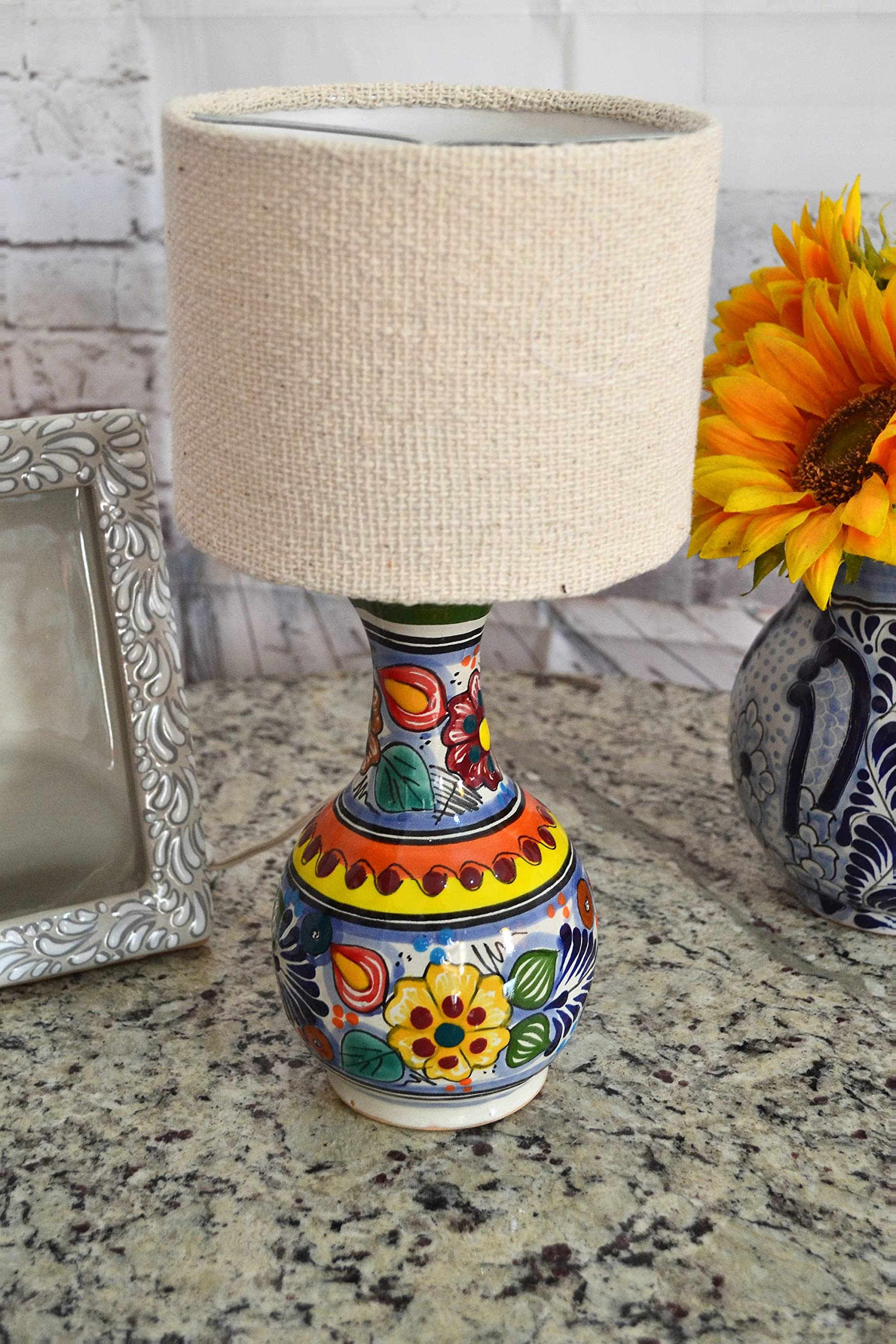 Handmade Talavera Ceramic Bedside Lamp - Mexican Style Table Lamp with Pitcher Design, Decorative Vase Lamp for Home & Office (CM256) | Perfect for Bedroom Nightstand, Living Room Accent, or Office Decor