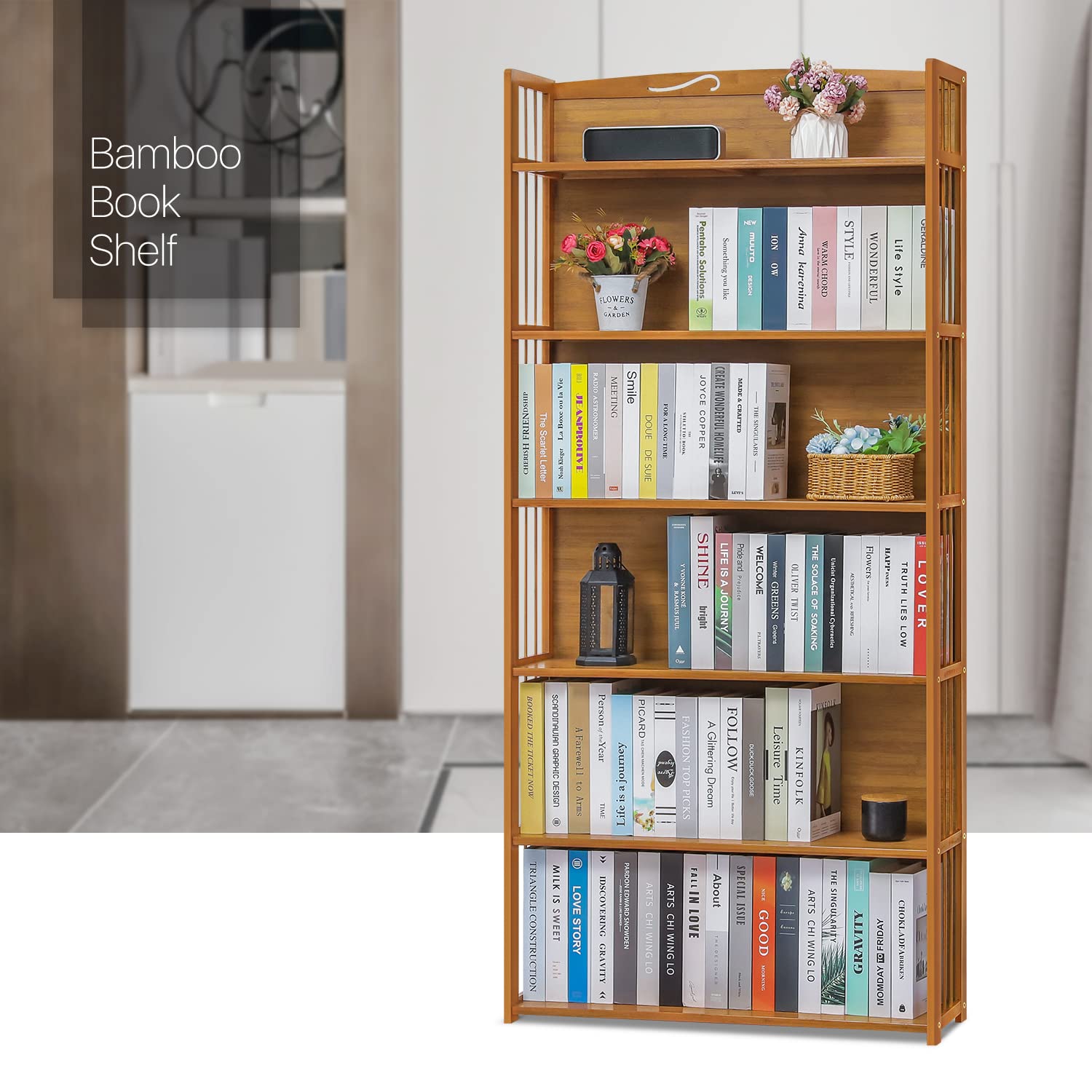 MoNiBloom 6-Tier Adjustable Bamboo Bookshelf - Tall Bookcase Organizer with Free Standing Storage for Living Room, Study, Office & Balcony - Natural Wood Shelf for Books, Plants & Home Decor