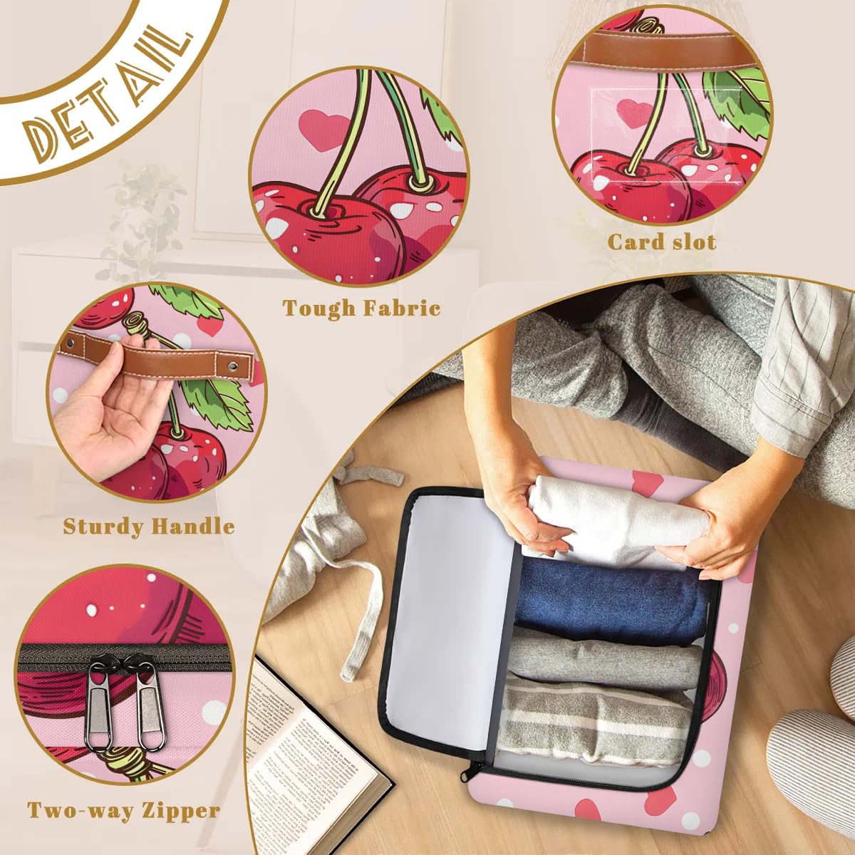 2-Pack Stackable Cherry Heart Storage Bins with Zipper Lid & Metal Frame - PU Handled Closet Organizer Cubes for Clothes, Toys, or Seasonal Items | Perfect for Bedroom, Closet & Nursery Organization
