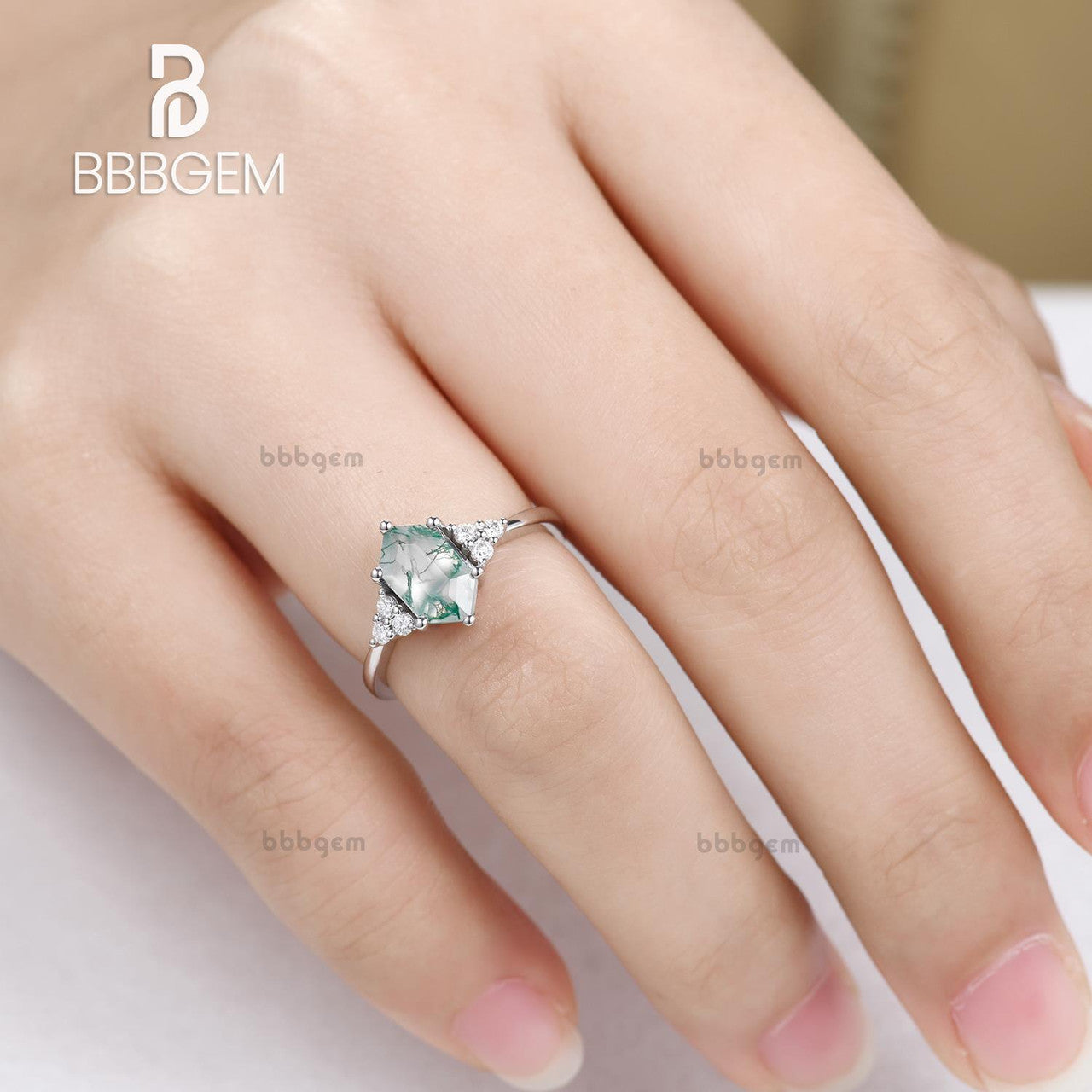 Long Hexagon Cut Moss Agate Engagement Ring with Cluster Diamond Accents - Green Crystal Elongated White Gold Wedding Band for Women | Perfect for Proposals, Anniversaries & Romantic Occasions