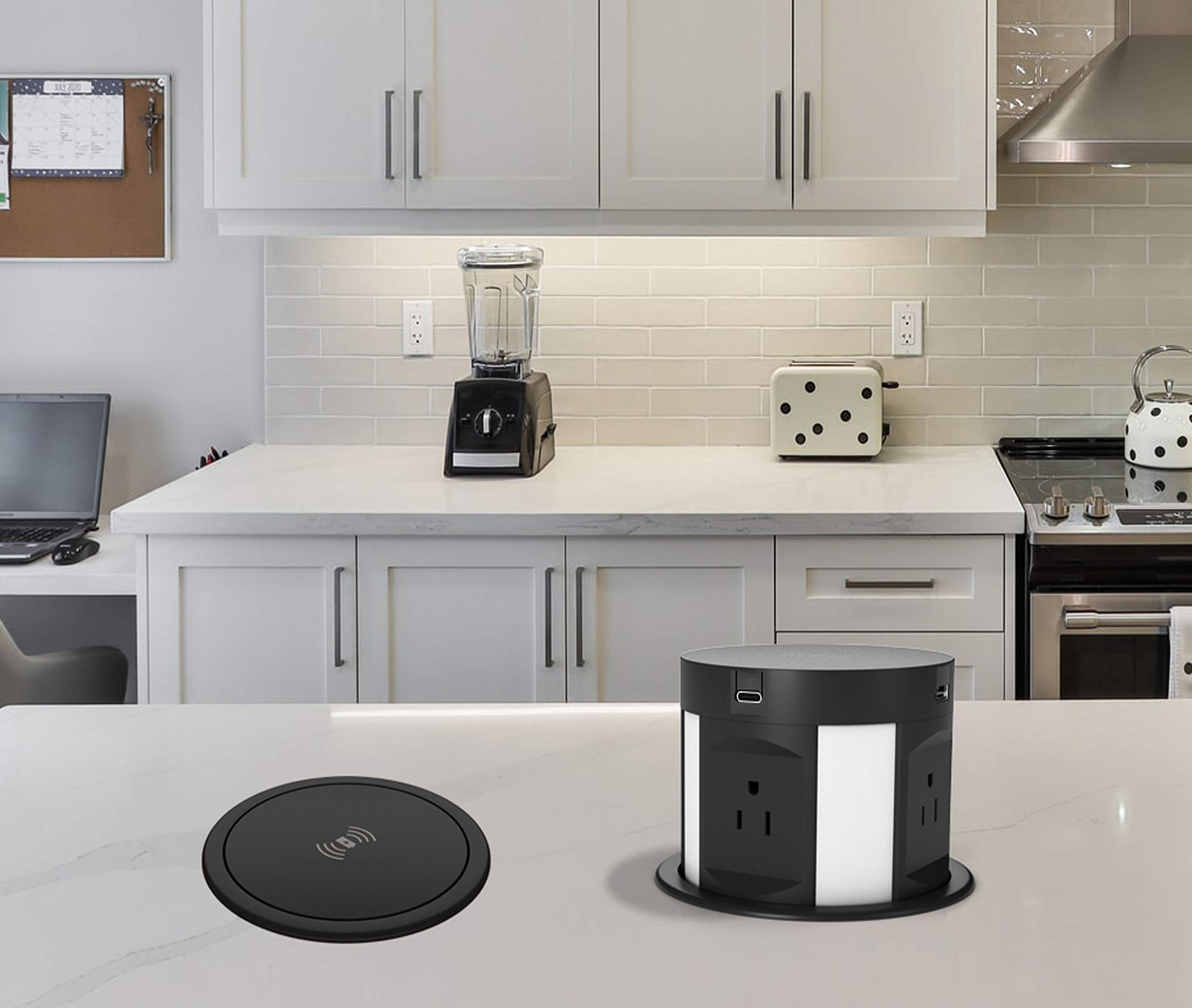 ETL Certified Automatic Pop-Up Outlet with 4 AC Outlets, 2 USB-A & 2 USB-C Ports - Recessed Power Strip with Wireless Charging for Kitchen Countertops, Conference Tables & Workbenches | Space-Saving Electrical Solution for Home & Office
