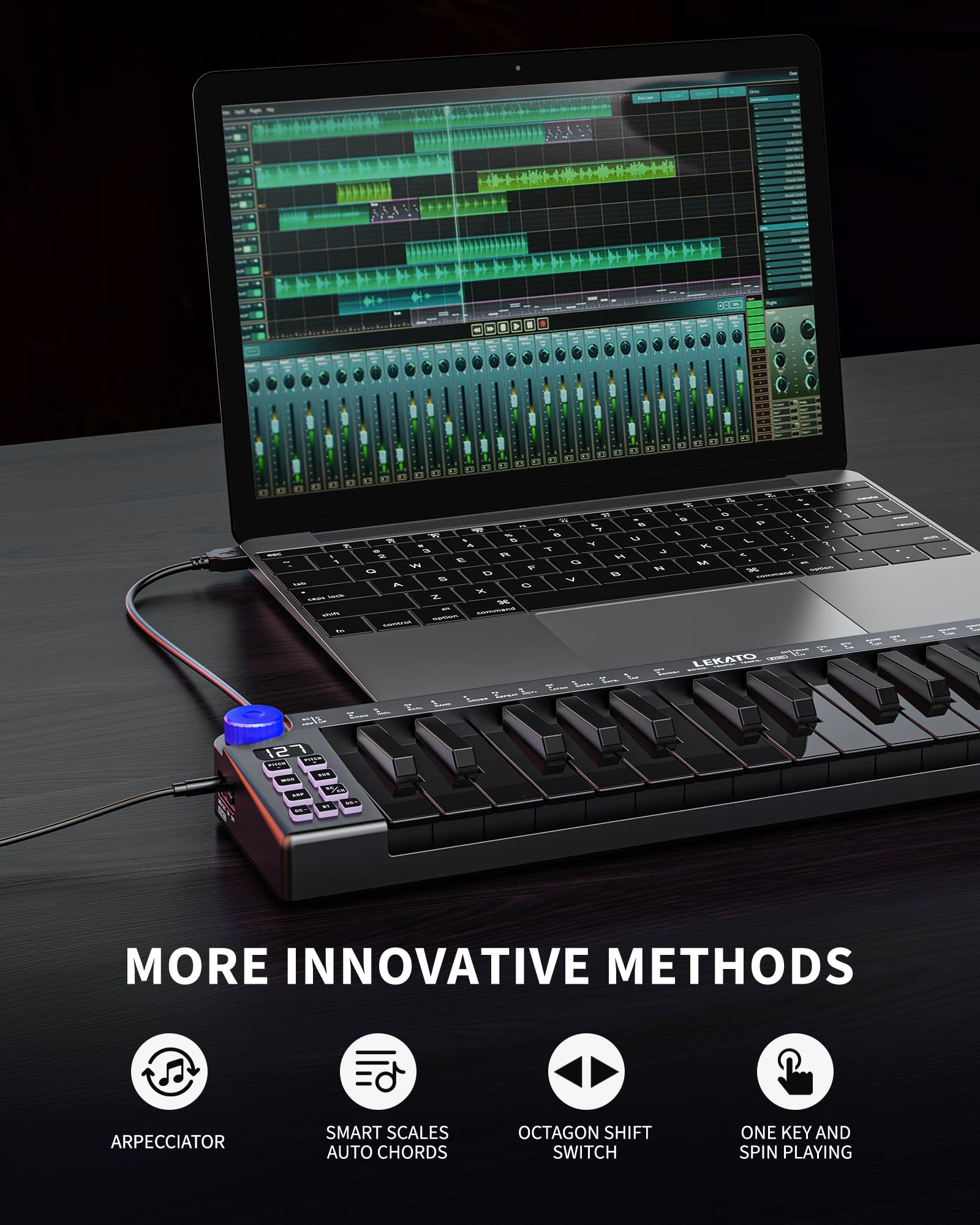 LEKATO 25-Key MIDI Keyboard - Portable USB/Bluetooth Controller for Music Production