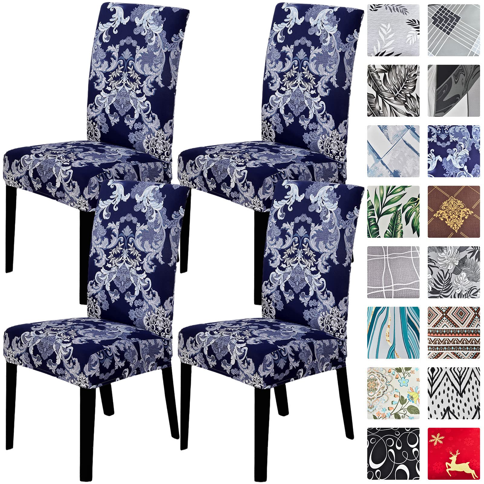 4-Pack Stretch Parsons Dining Chair Covers - Washable Spandex Slipcovers with Printed Design | Perfect for Home, Office, Hotel, Wedding & Banquet Events (Blue/White) | Protect & Refresh Your Chairs for Any Occasion