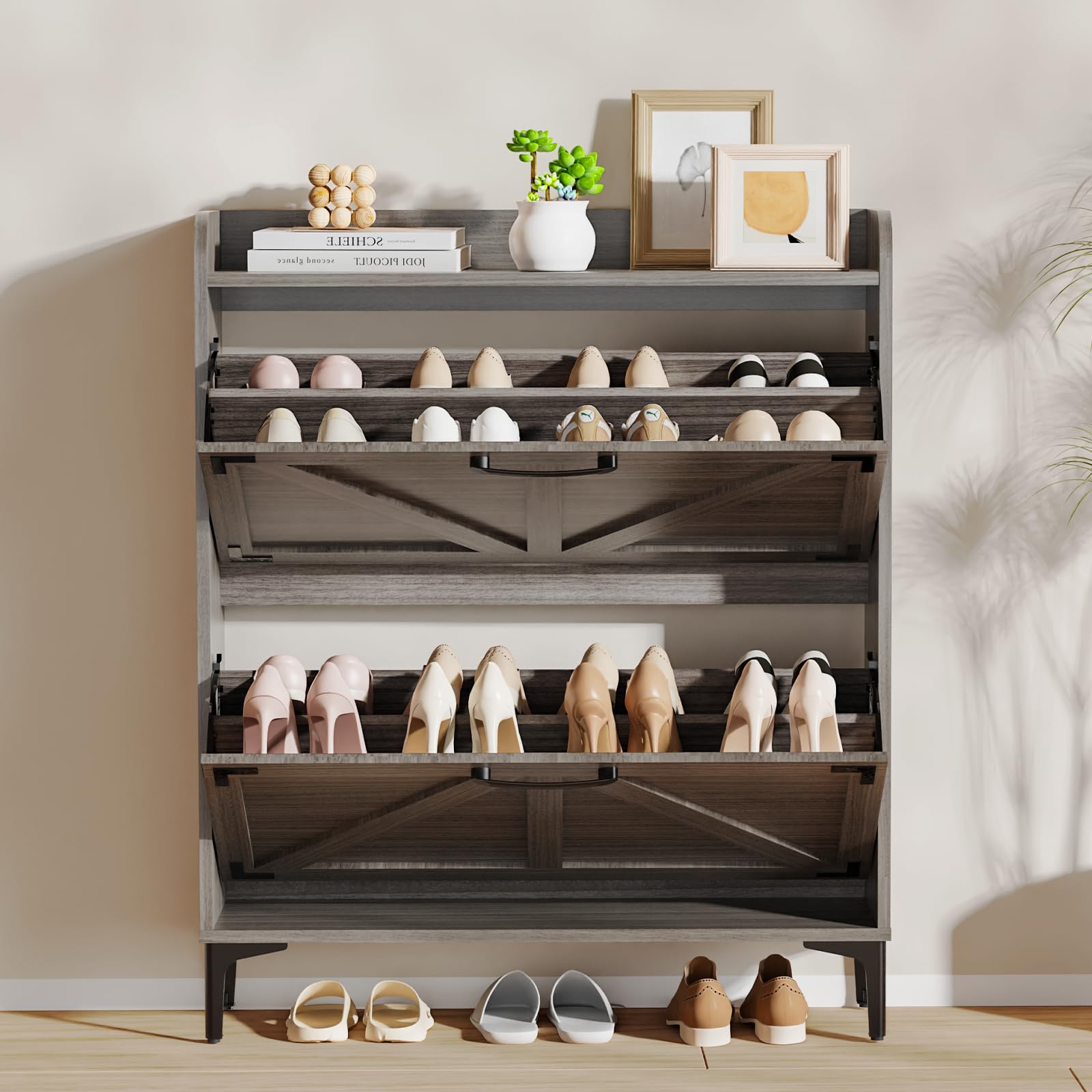 Modern Shoe Storage Cabinet with 2 Flip Drawers - Freestanding Entryway Organizer with Open Shelves & Farmhouse Style Legs in Washed Gray - Perfect for Small Spaces, Hallway, Closet & Apartment Organization