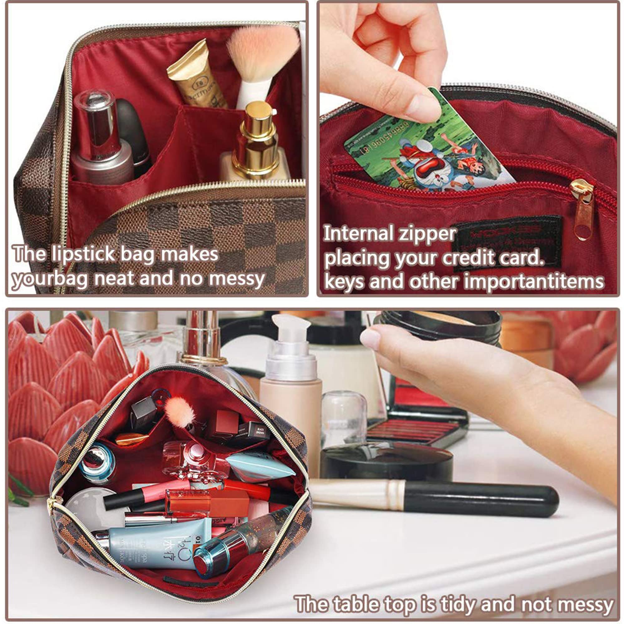 Stylish Leather Checkered Makeup Bag 2-Pack - Large Capacity Waterproof Cosmetic Organizer for Women | Travel Toiletry Case, Christmas Gift Idea for Makeup Lovers (Perfect for Air Travel, Gym Essentials & Daily Beauty Storage)