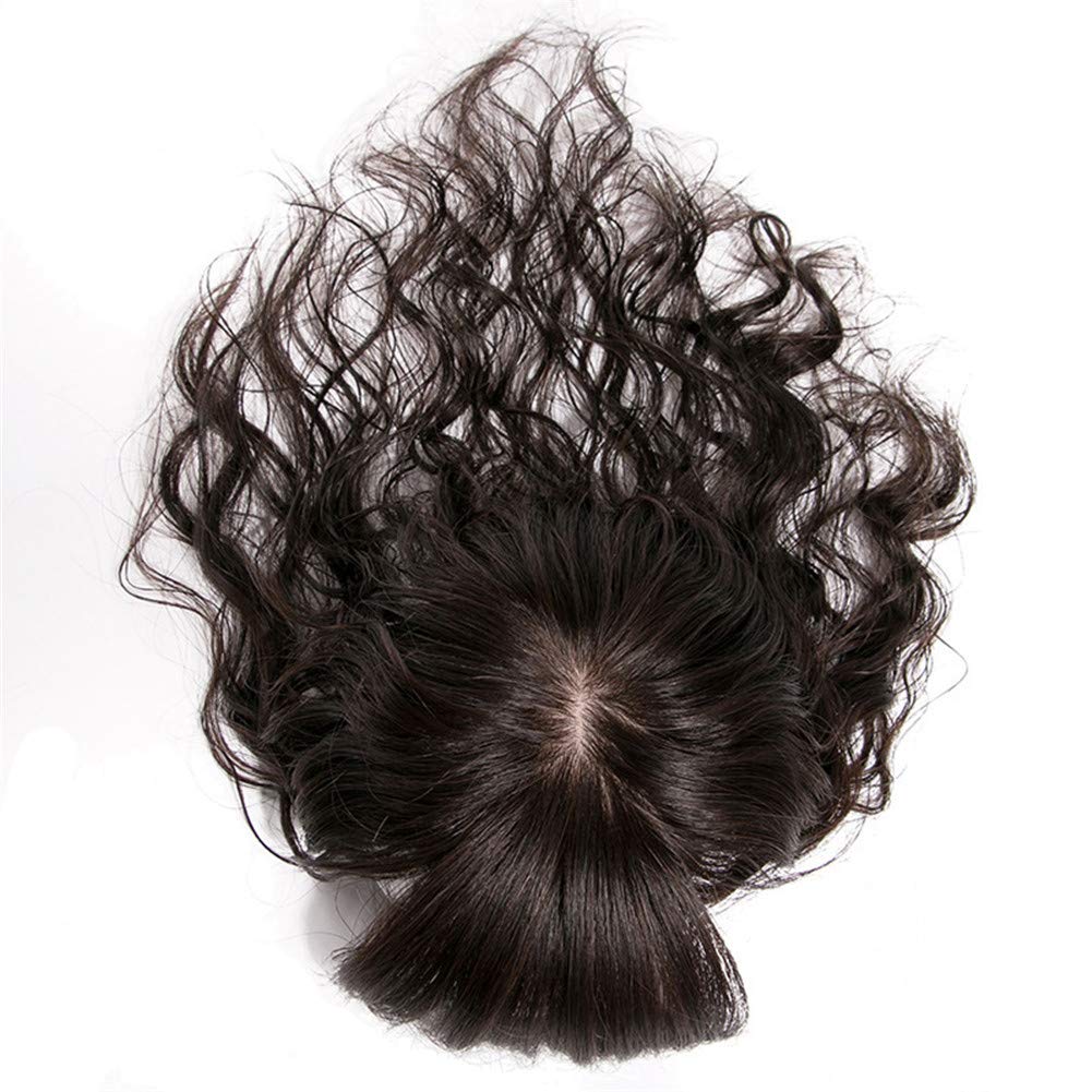 LXUE 4x4.7 Inch Silk Base Human Hair Topper with Bangs - Natural Curly Hairpiece for Women with Thin Hair - 8 Inch Dark Brown Hair Topper for Daily Wear & Special Occasions