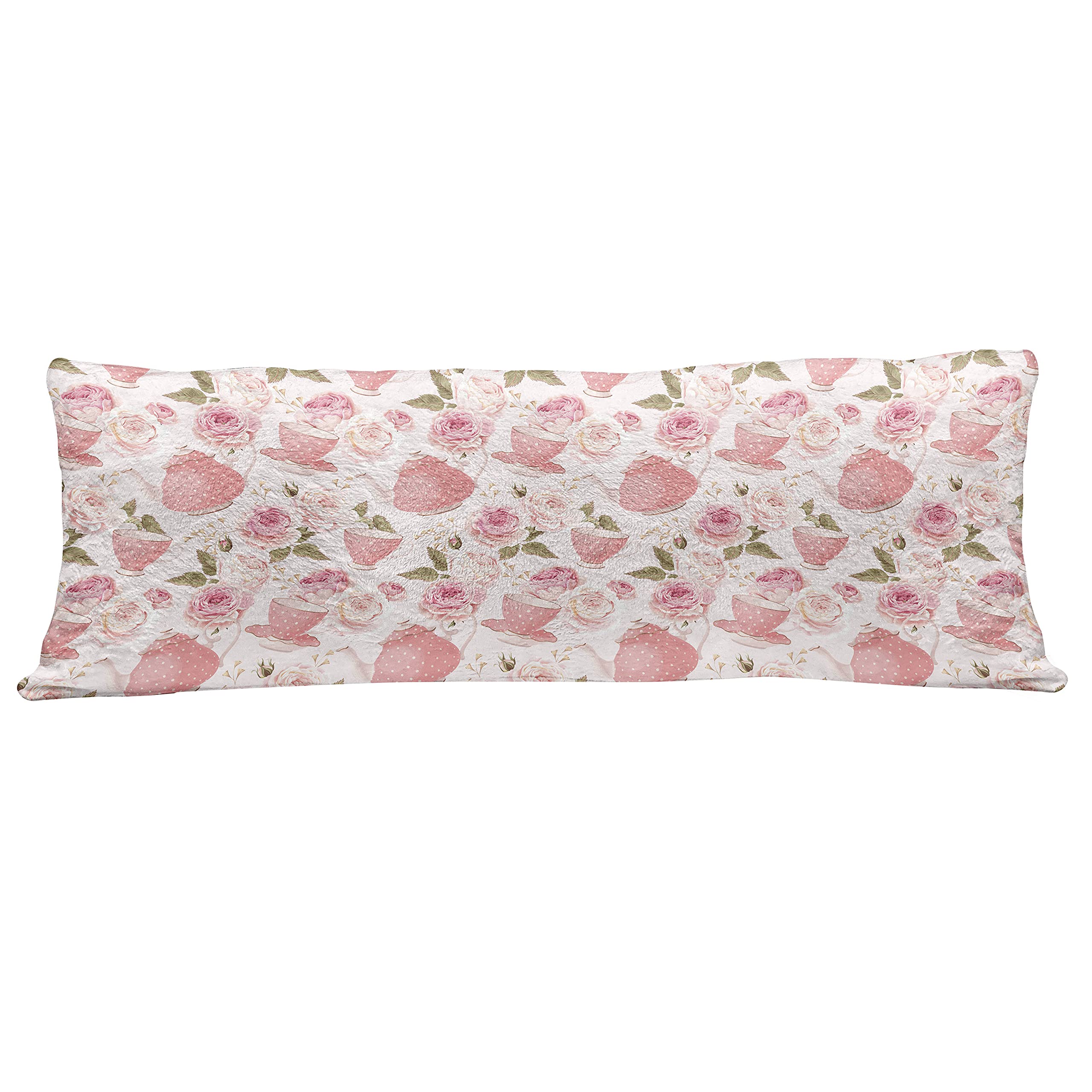 Ambesonne Floral Fluffy Body Pillow Cover with Zipper - Vintage Tea Cup & Rose Romantic Shabby Chic Design - 20x55 Inch Long Pillow Case in Fern Green & Pale Pink - Perfect for Bedroom Decor, Living Room Accent & Cozy Reading Nook
