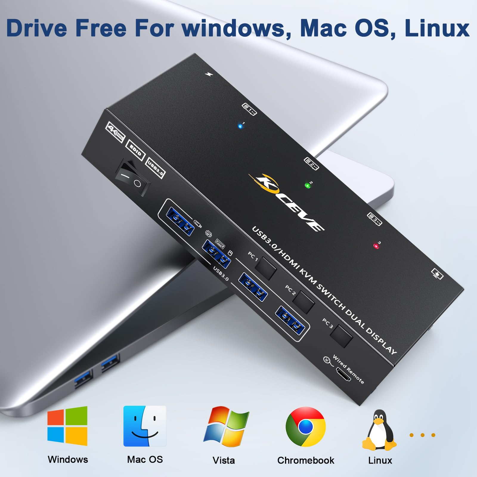 4K@60Hz HDMI KVM Switch for 3 Computers to 2 Monitors - Dual Monitor Sharing with Keyboard, Mouse & Printer - Includes Wired Remote & 5 Cables - Perfect for Home Office, Gaming Setup & Multi-PC Workstations