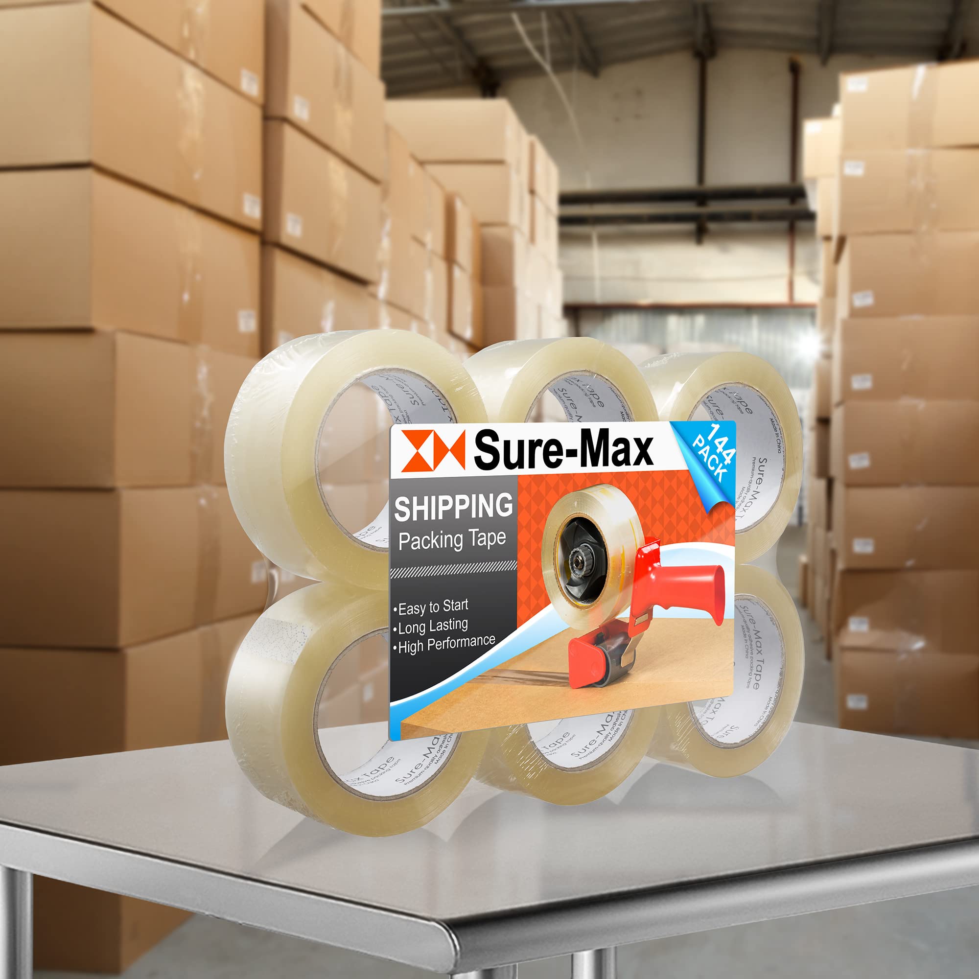 Sure-Max Premium Carton Packing Tape 2.0 mil 330 Feet (110 Yards) - Clear Heavy Duty Shipping Tape for Moving, Packing Boxes, Sealing Packages - 4 Cases (144 Rolls Total) - Ideal for Home, Office & Warehouse Use