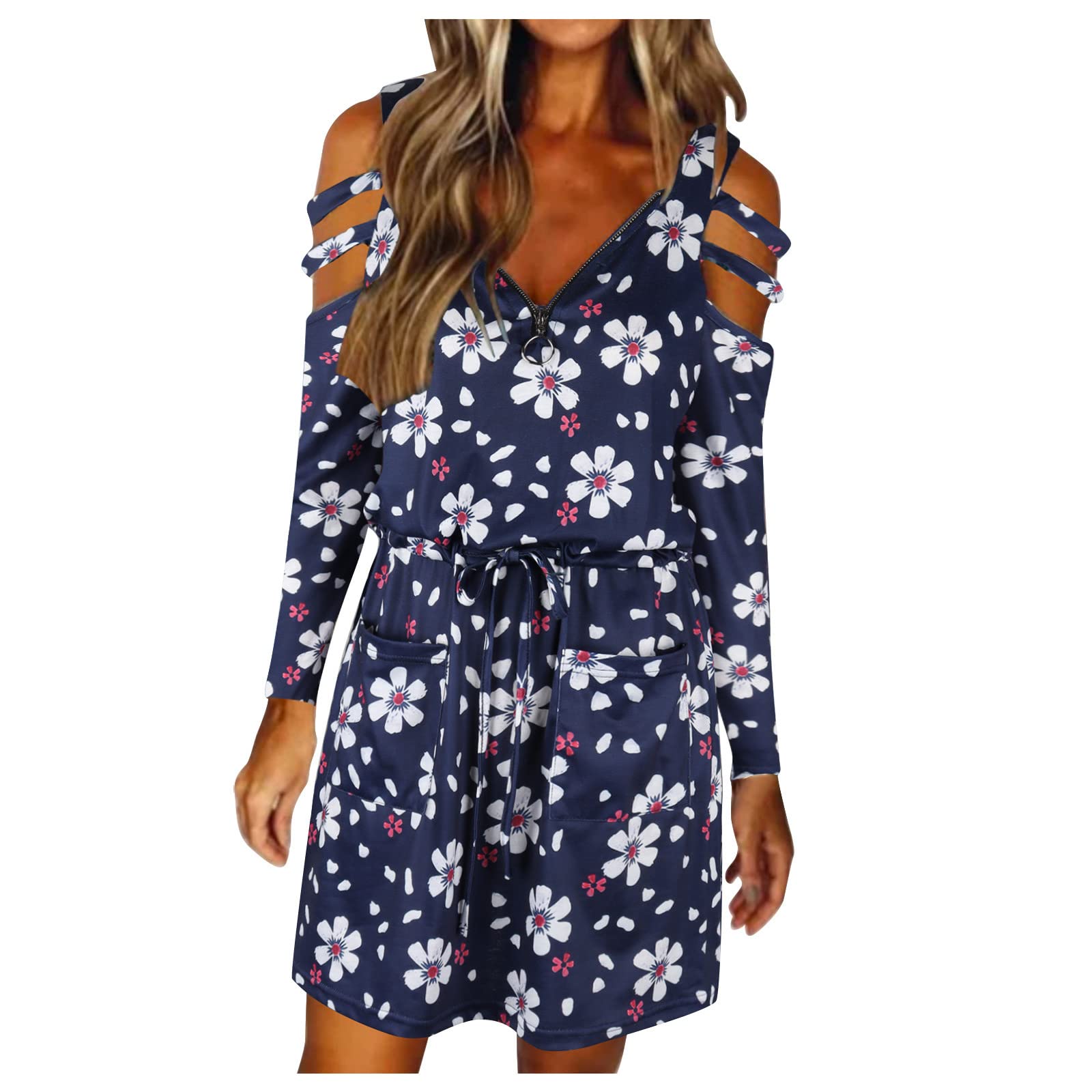 Women's Fall Casual Floral Mini Dress - Long Sleeve V-Neck Swing Dress with Elastic Waist Belt | Perfect for Autumn Outings, Date Nights & Office Wear