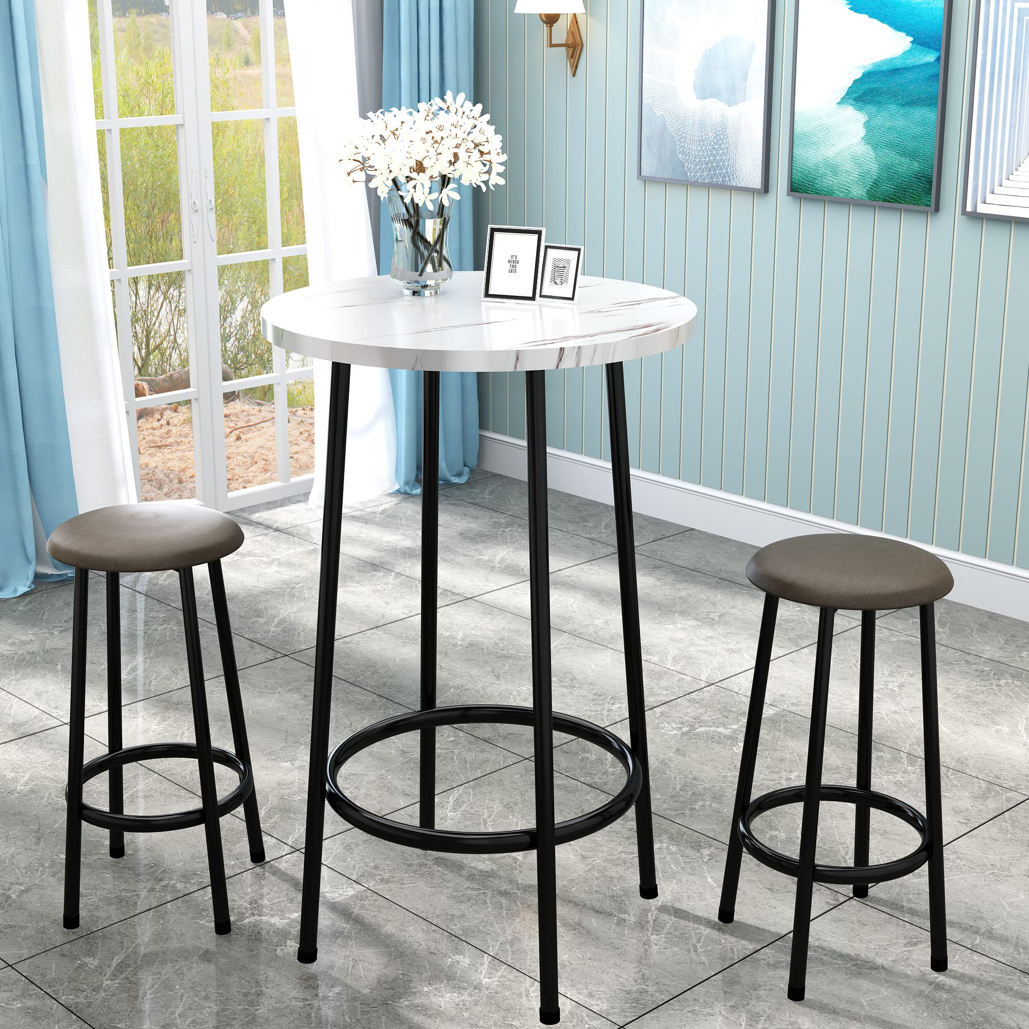 AWQM 3-Piece White Round Bistro Table and Chairs Set - Compact Pub Dining Set for Small Spaces, Breakfast Nook, Kitchen, Apartment, Balcony or Outdoor Cafe - Perfect for Entertaining, Coffee Time & Small Space Dining