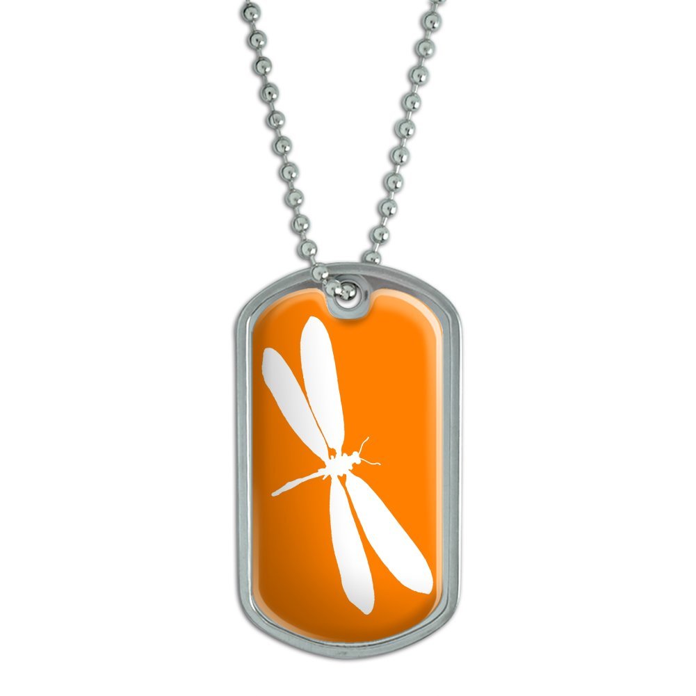 Dragonfly Military Dog Tag Luggage Keychain - White on Orange Dragonfly Design - Durable Travel Accessories for Backpacks, Suitcases & Keys - Perfect Gift for Travelers