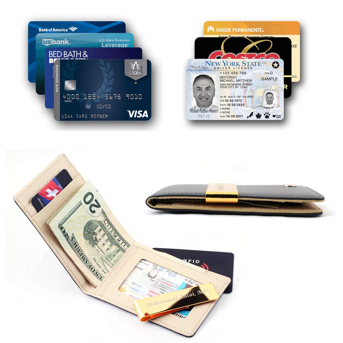 24K Gold Leather Money Clip Wallet - Slim Front Pocket Card Holder for Men | Groomsmen Gift, Business & Travel Use