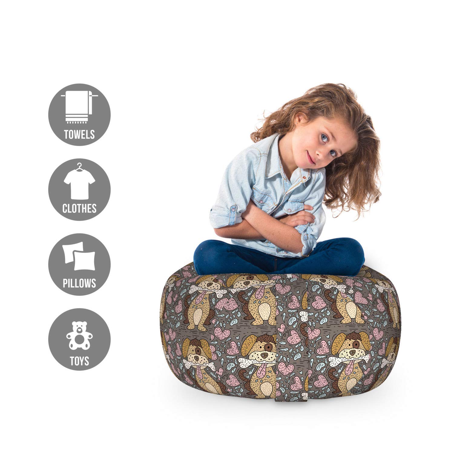 Ambesonne Dog Lover Storage Toy Bag Chair - Washable Stuffed Animal Organizer with Doodle Puppy Bone & Hearts Pattern, Small Taupe Multicolor - Perfect for Pet Toy Storage & Kids Room Organization