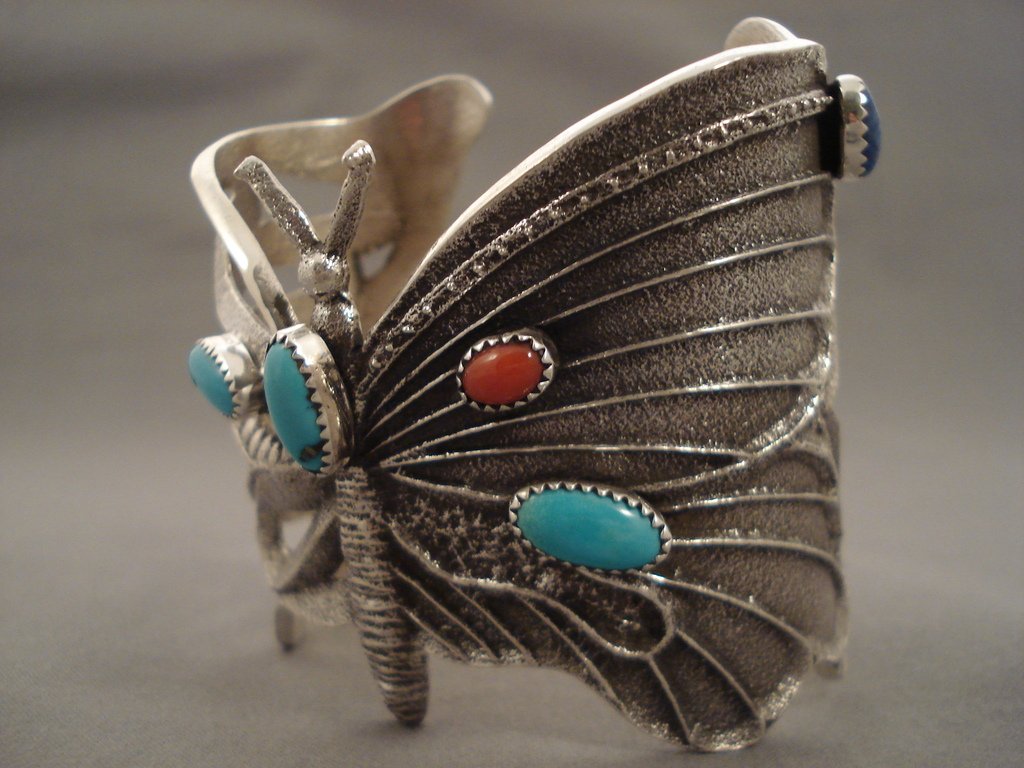 Authentic Navajo Turquoise Coral Silver Bracelet - 106g Butterfly Cuff Native American Jewelry for Women - Perfect for Boho Fashion, Festivals & Special Occasions