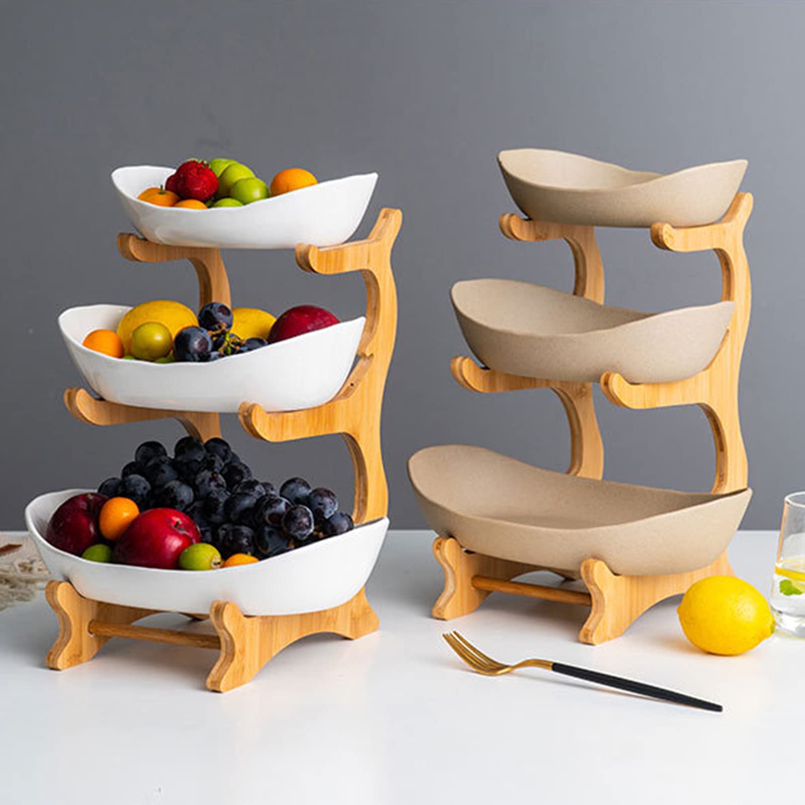 3-Tier Ceramic Fruit Bowl with Bamboo Stand - Large Capacity Serving Tray for Fruits, Vegetables & Snacks | Perfect for Party, Wedding & Home Decor | Durable Kitchen & Dining Storage Solution