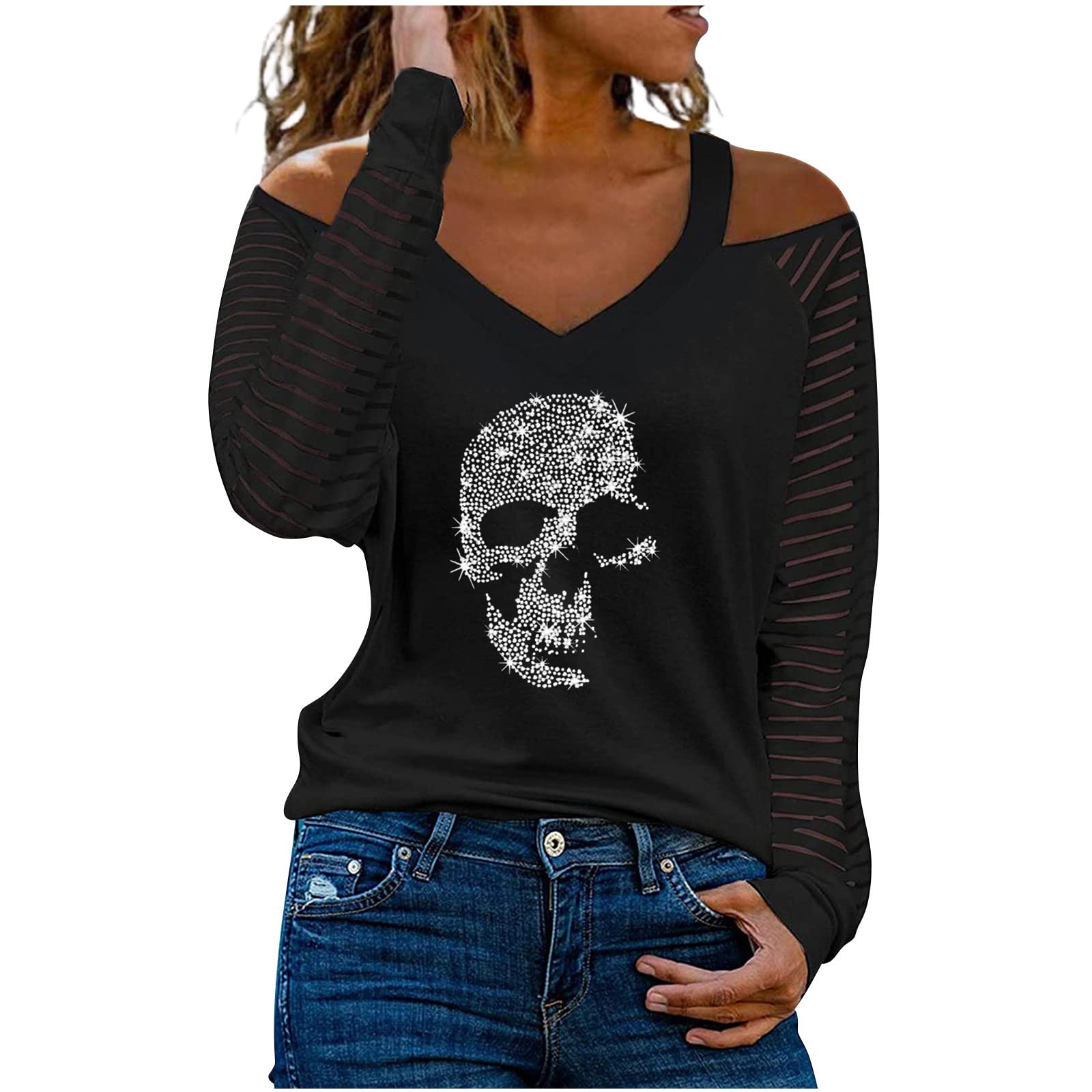 Women's Cold Shoulder Graphic T-Shirts - Long Sleeve Mesh Tops with Rhinestone & Diamond Designs for Fall | Casual Blouses for Party, Date Night & Everyday Wear