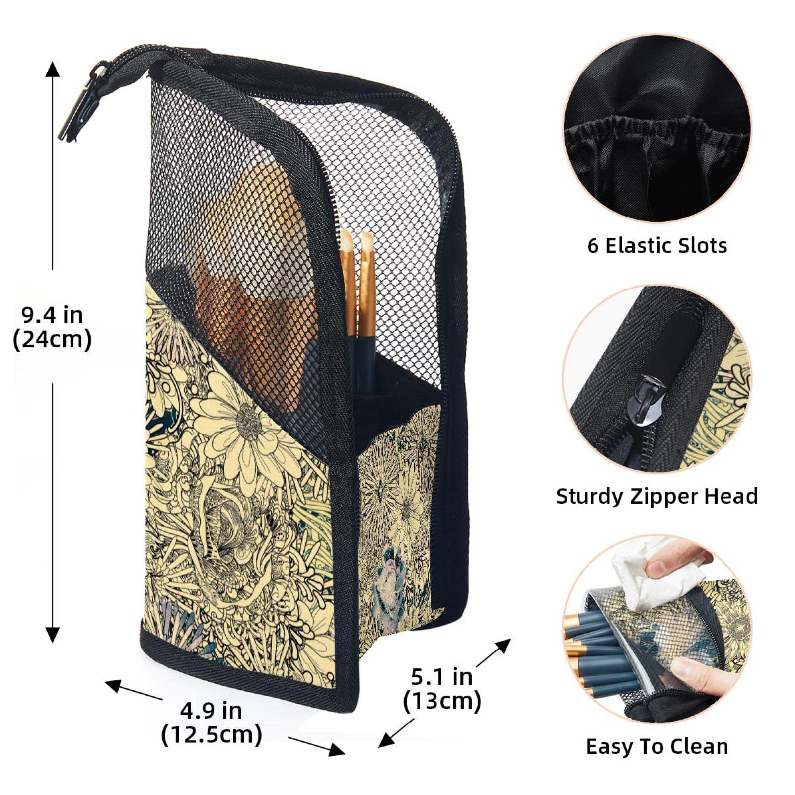 12-Piece Makeup Brush Organizer Bag with Yellow Hand-Painted Flowers - Portable Travel Cosmetic Brush Holder Set for Professional & Home Makeup Artists