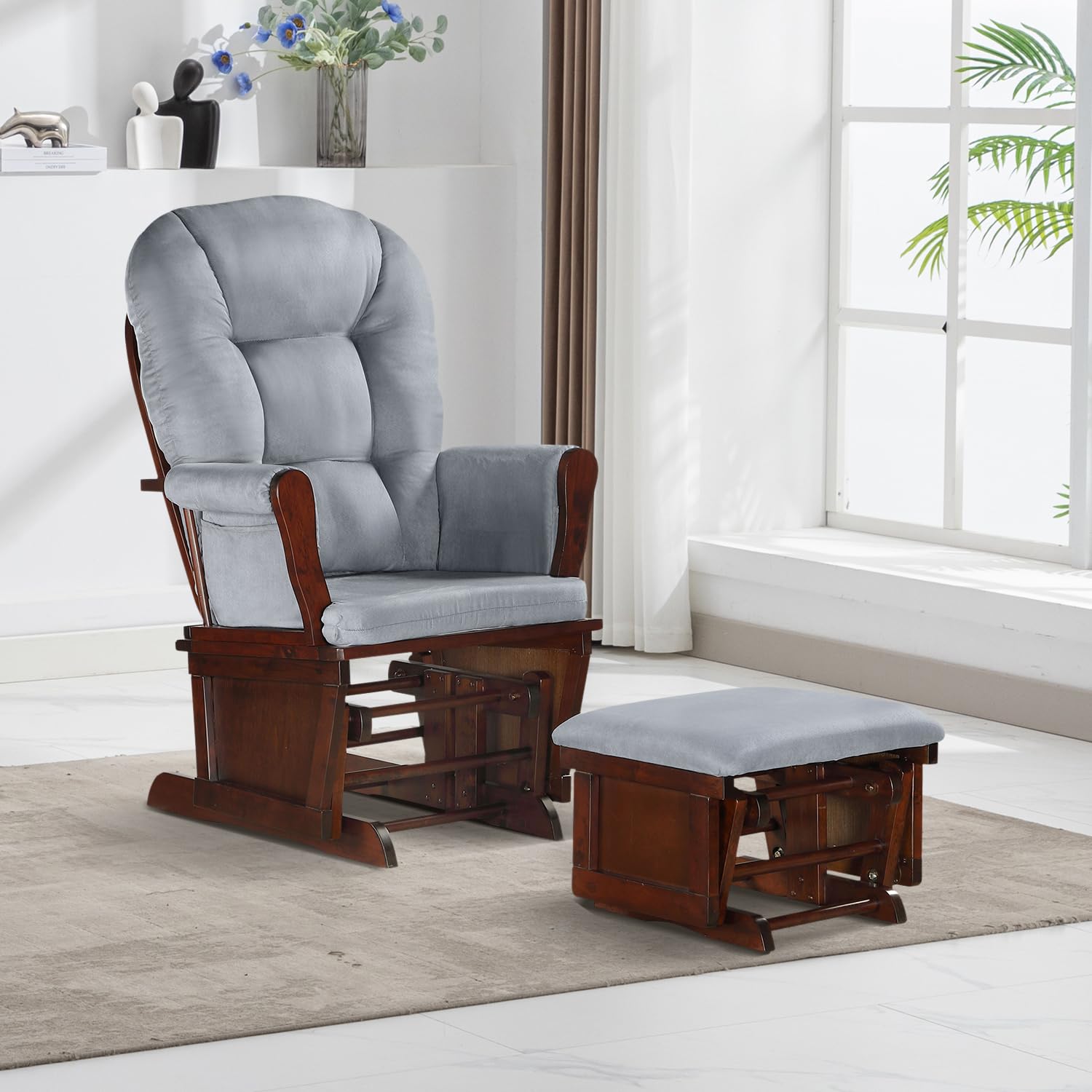 Lennox Furniture Glider Rocker Combo - Chestnut & Gray Upholstered Nursery Chair with Storage | Perfect for Baby Nurseries, Breastfeeding & Relaxing in Living Rooms