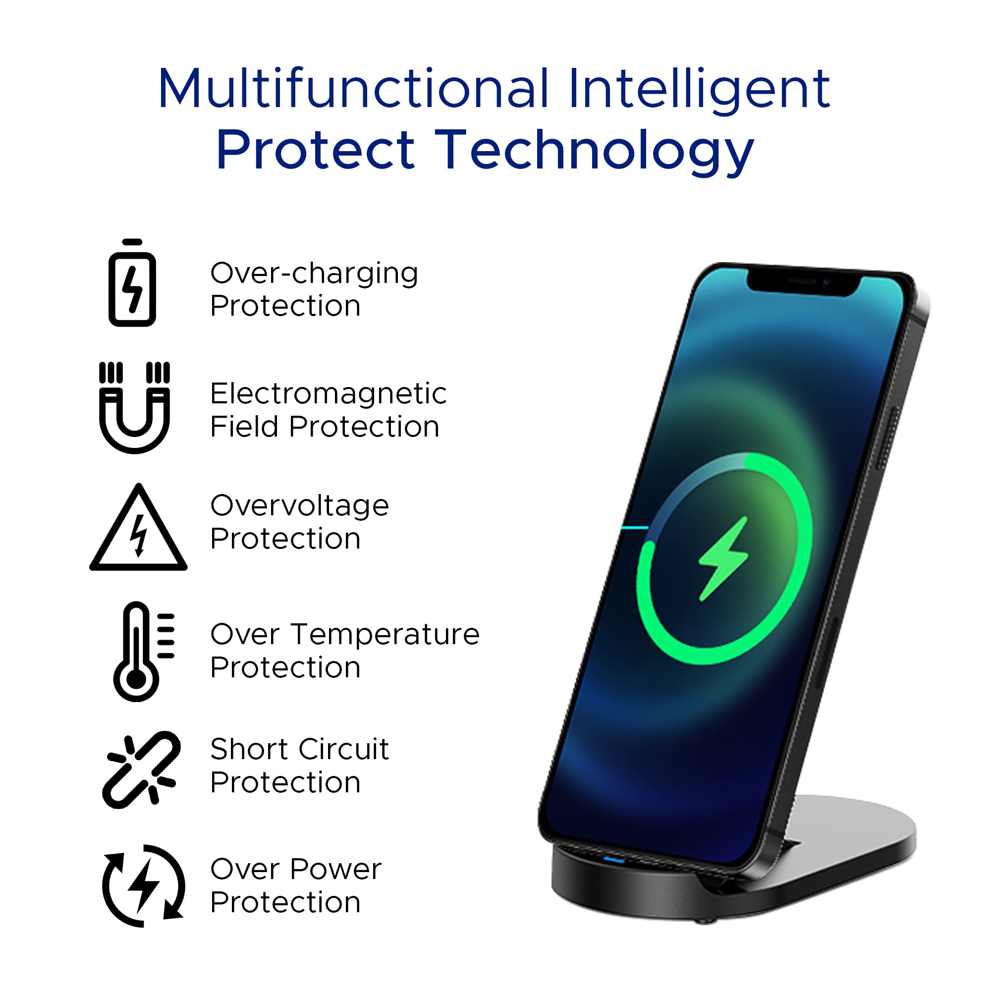 15W Fast Wireless Charger Stand for iPhone & Samsung Galaxy - Dual Coil Phone Charging Dock with Auto-Off Protection | Perfect for Bedside, Office Desk & Nightstand (Black) - USB-C Cable Not Included