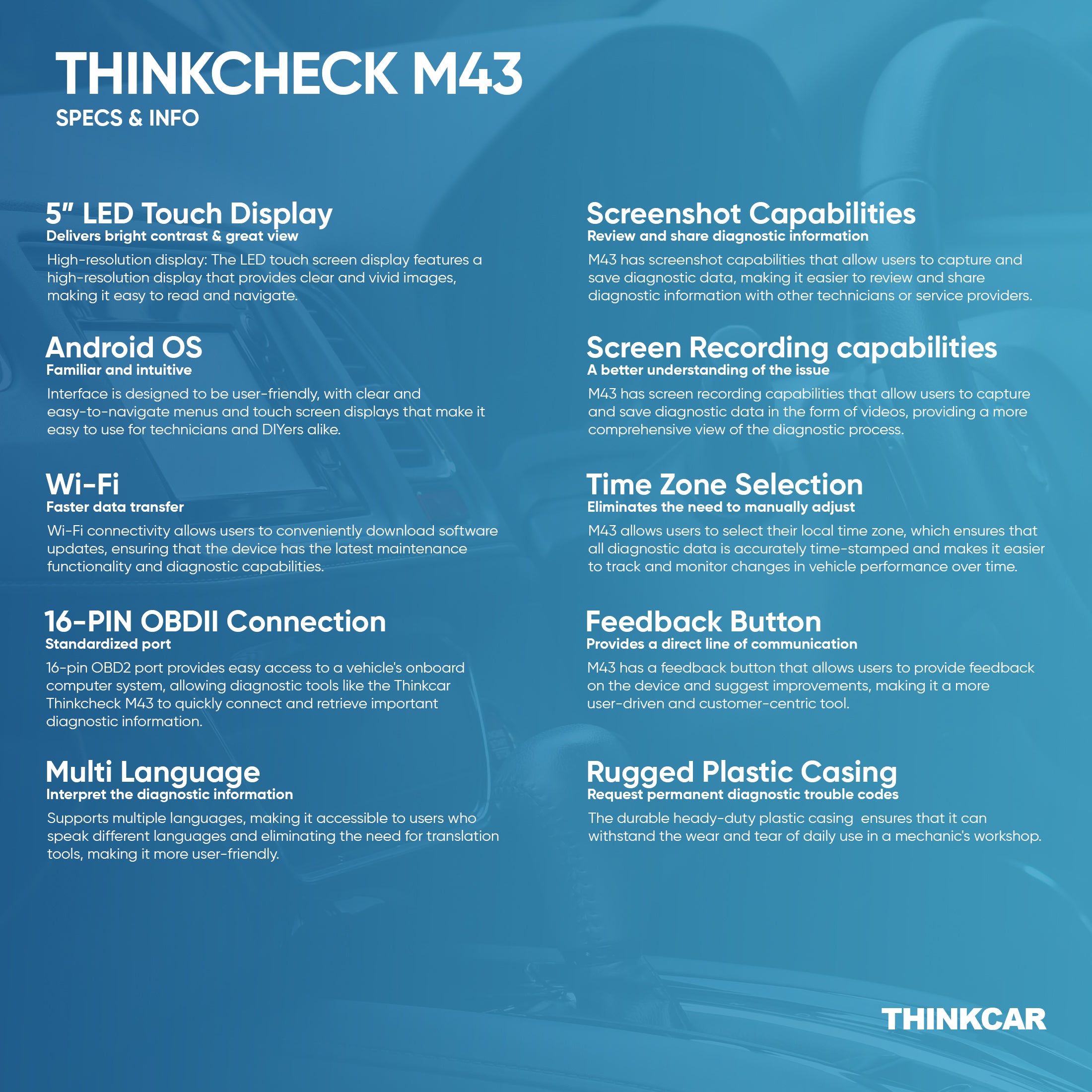 THINKCHECK M43 OBD2 Scanner - 5-in-1 Car Diagnostic Tool for ABS, SRS, ECM, TCM - Vehicle Code Reader for Engine, Transmission & Safety Systems - Perfect for DIY Mechanics & Professional Auto Repair Shops