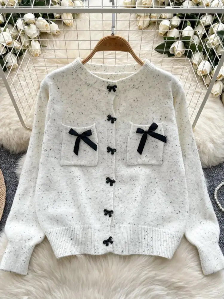 2024 Trendy Women's Vintage Red Pink Knit Sweater - Elegant Round Neck Long Sleeve Bow Detail Winter Top | Perfect for Office, Dating & Holiday Outfits