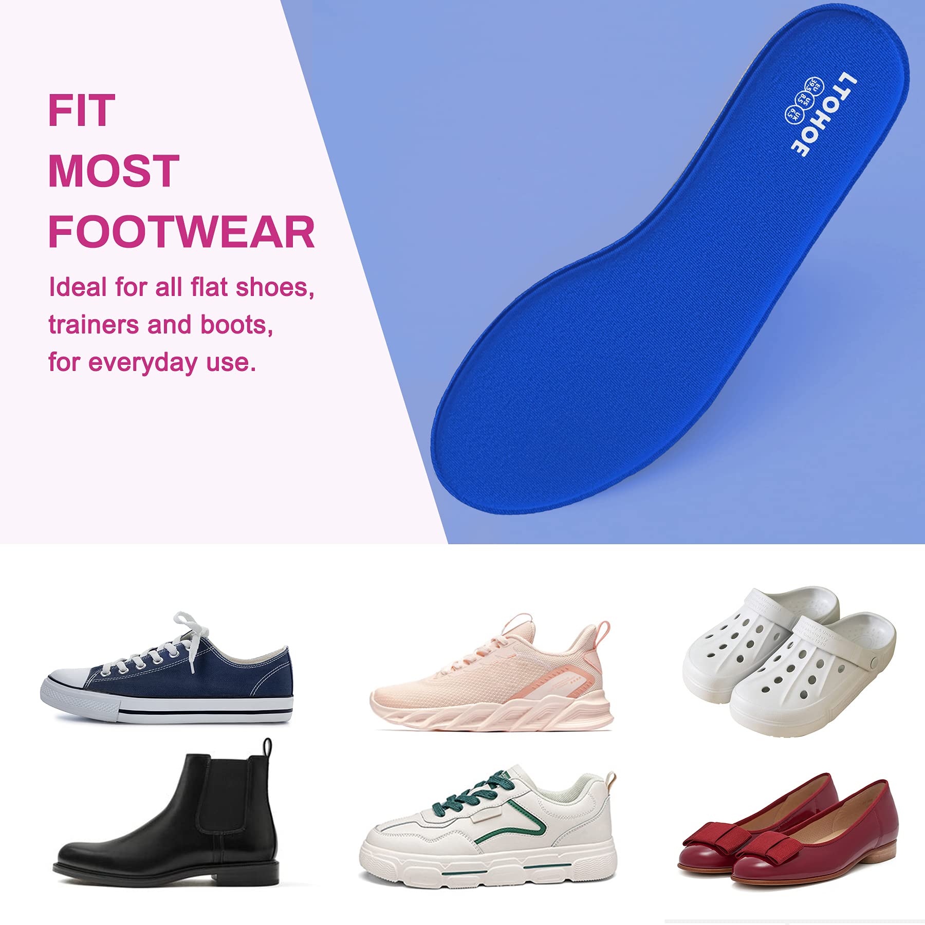 LTOHOE Women's Memory Foam Shoe Insoles - 8mm Cushioned Orthotic Inserts for Running, Hiking & Sneakers - Shock Absorbing Foot Pain Relief & Comfort Support - Navy US Size 7 - Perfect for Active Lifestyles & All-Day Wear