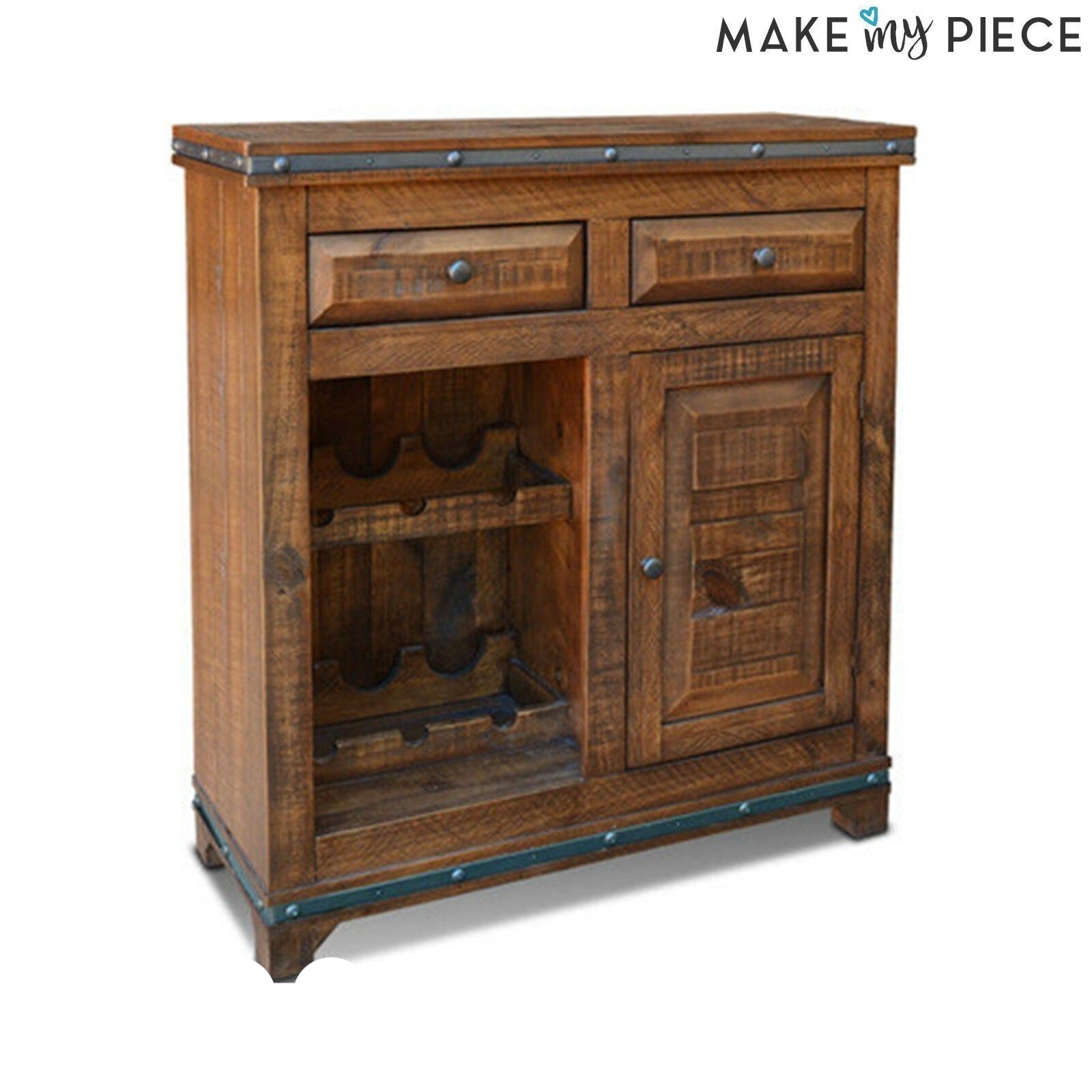 Solid Wood Bar Cabinet with Wine Rack - 100cm Brown Sideboard for Home Bar, Dining Room & Living Room Storage | Earth Industrial Rustic Furniture