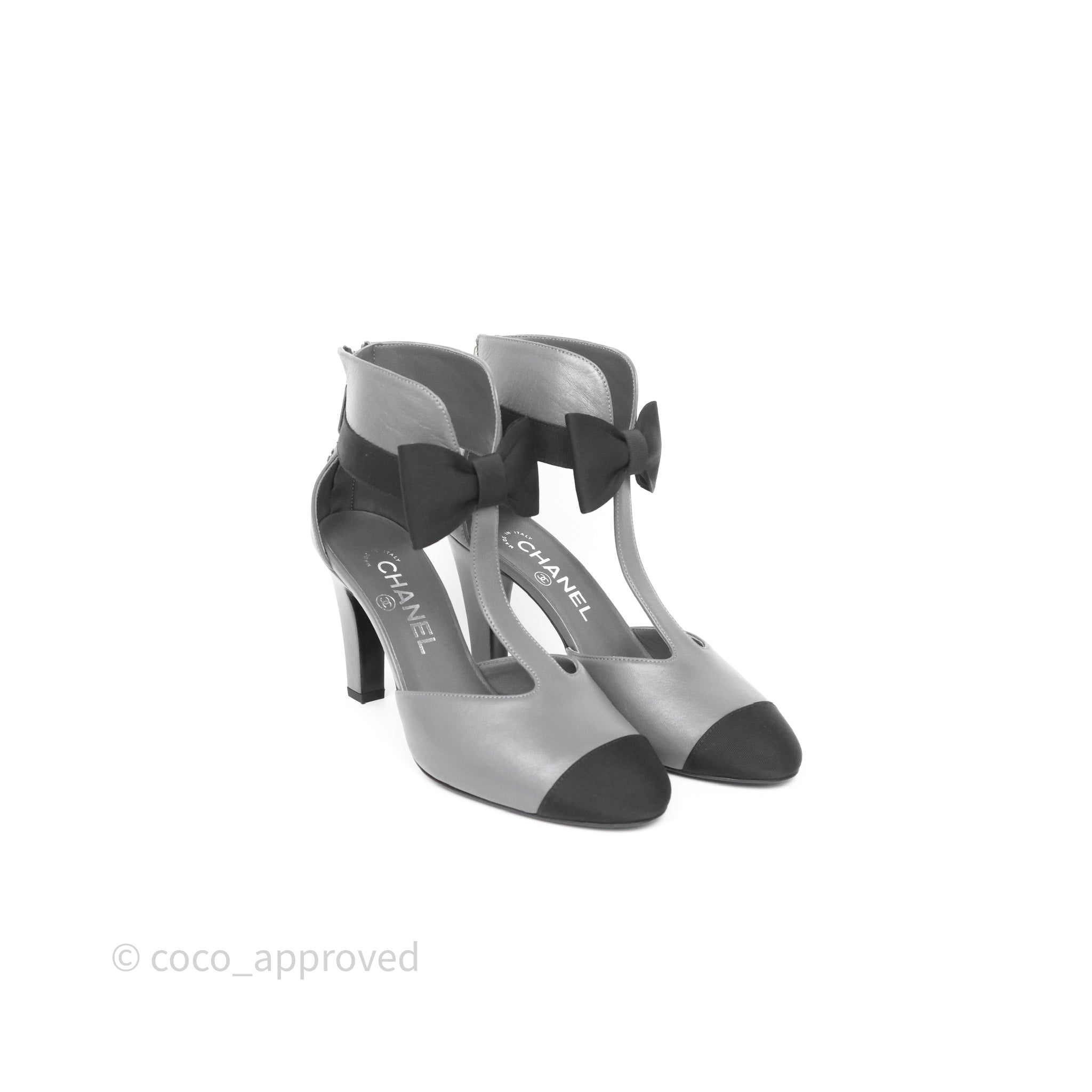 Chanel Cap Toe Bow Ankle Strap Sandals - Grey & Black Lambskin Leather - Perfect for Summer Weddings & Evening Events