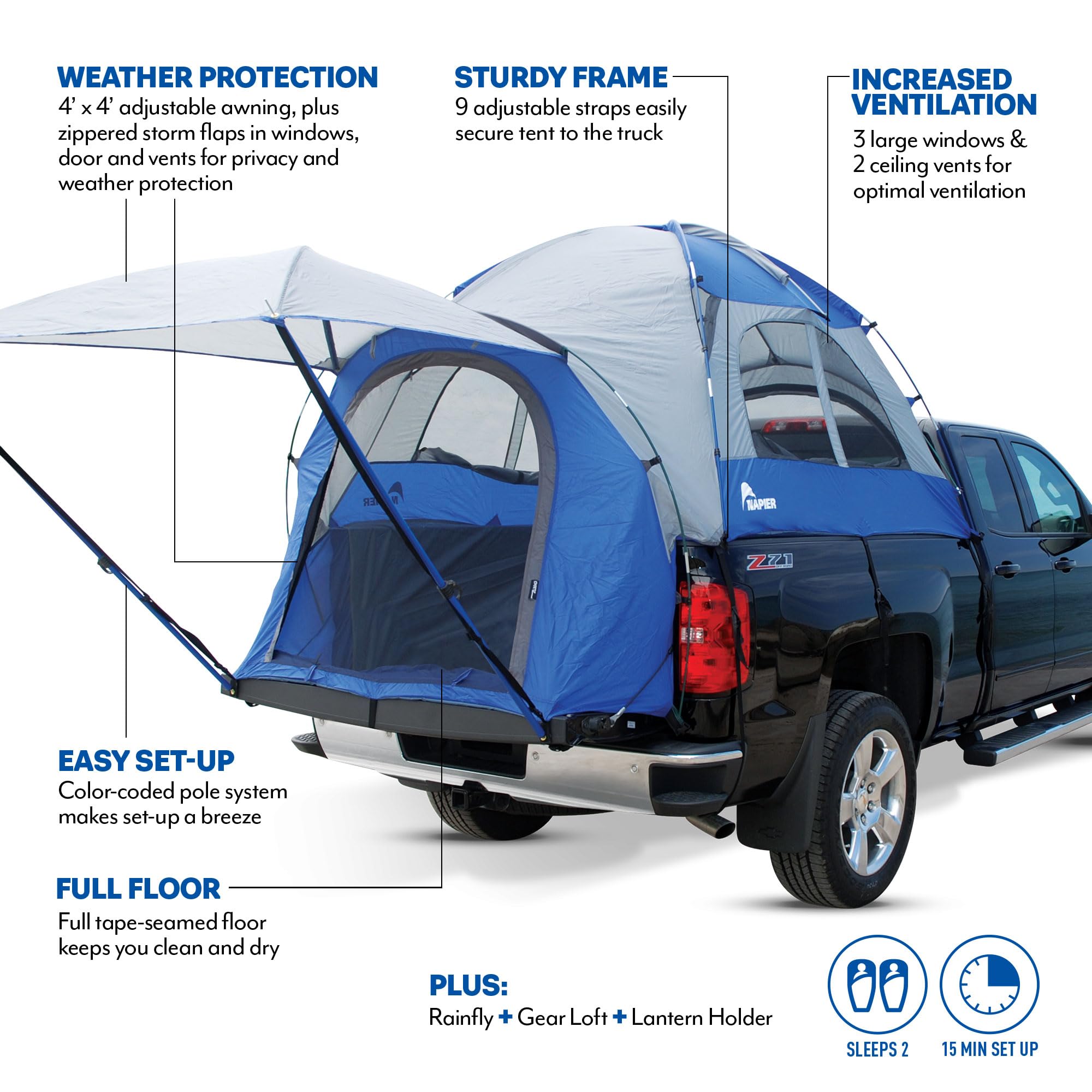 **Napier Sportz Truck Bed Camping Tent - Waterproof 2-Person Tent for Pickup Trucks - Easy Setup in 15 Minutes - Compact Storage Bag - Durable Shelter for Camping & Outdoor Adventures - Spacious & Secure Truck Accessories - Perfect for Road Trips, Tailgating & Off-Grid Camping**