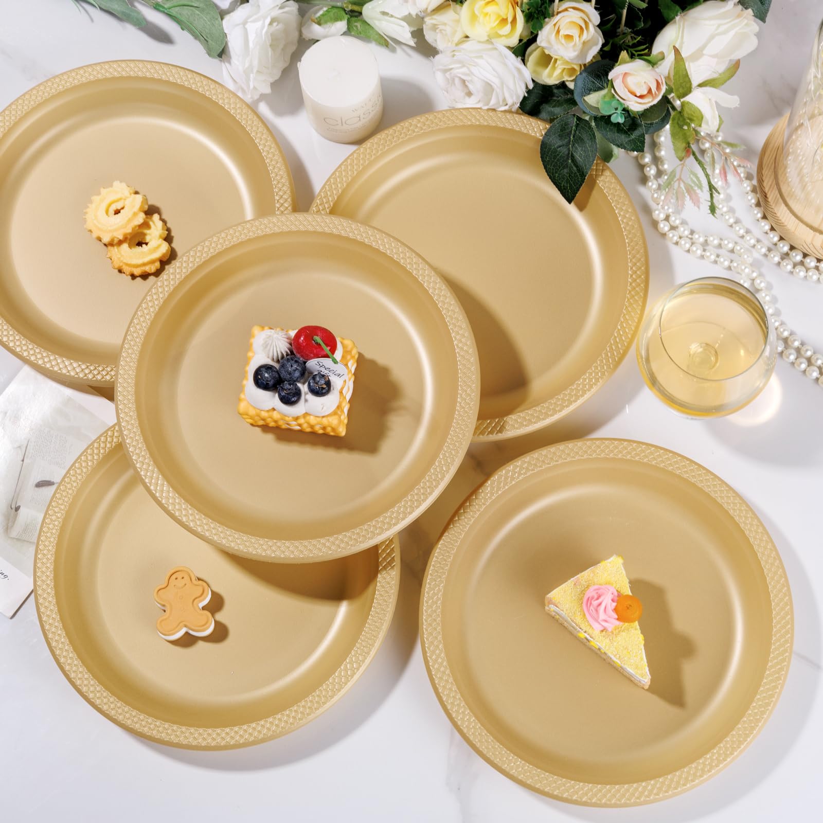 WELLIFE Gold Disposable Plastic Plates 9 Inch - 150 Count, Elegant Dinner Plates for Party, Wedding, Birthday, Engagement, Baby Shower & Special Events - Perfect for Desserts, Cakes & Catering