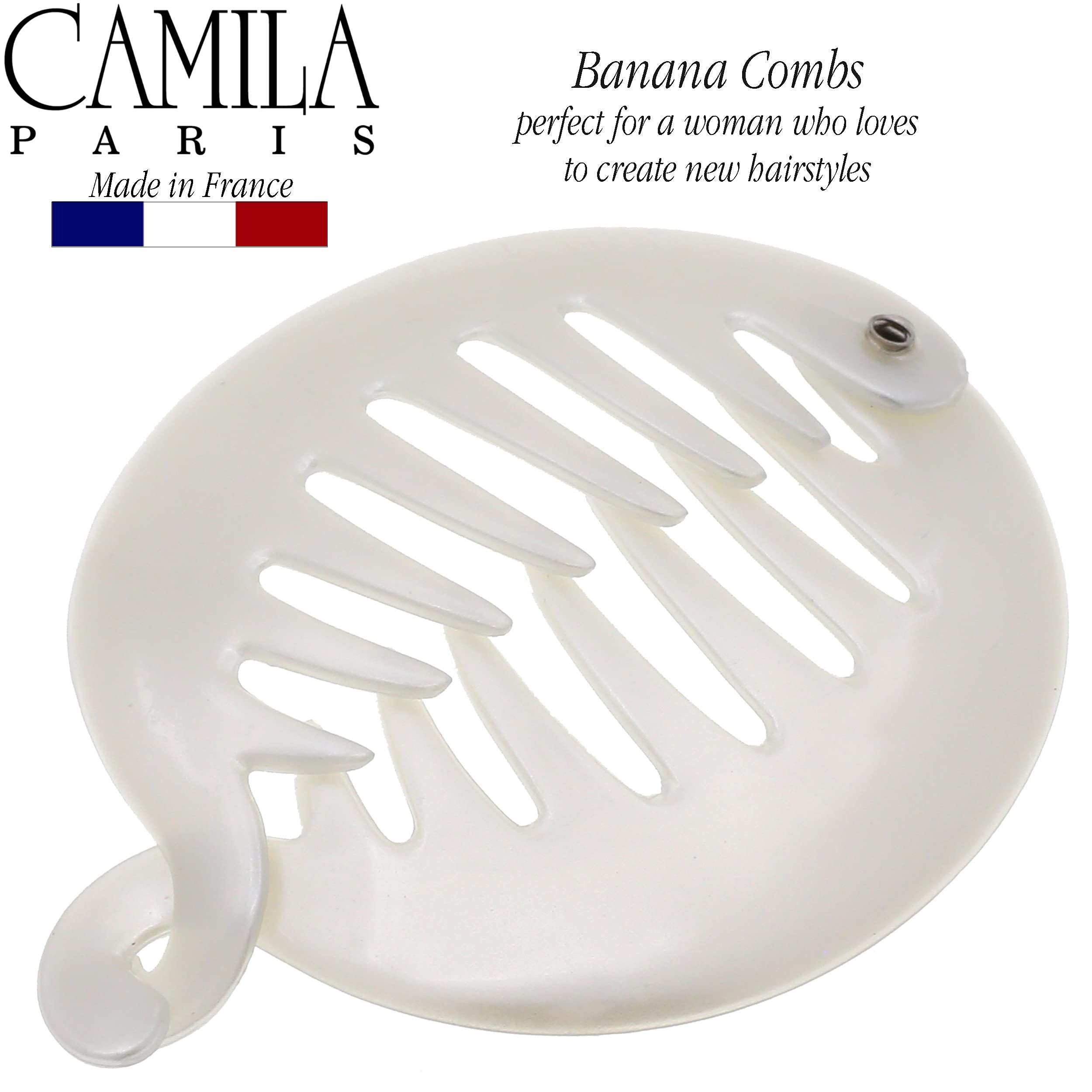Camila Paris CP3015 French Banana Clip Hair Comb - 3.255 Inch White Round Ponytail Holder for Women & Girls | Volume & Thick Hair Styling Accessory | Made in France | Perfect for Parties, Weddings & Everyday Hairstyles