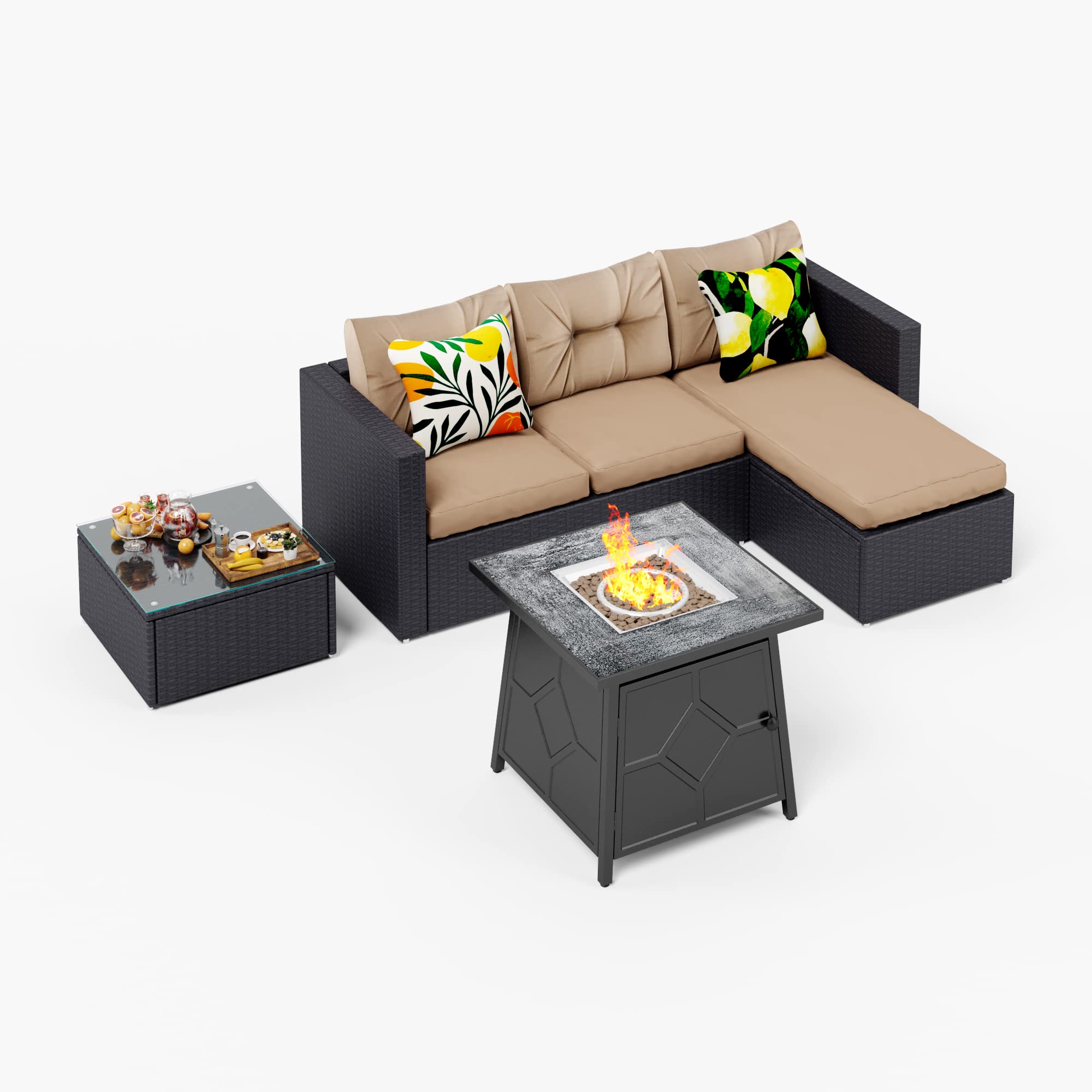 Outdoor Patio Furniture Set with 40,000 BTU Gas Fire Pit Table - 4-Piece Wicker Rattan Sectional Sofa & Coffee Table Set in Beige | Perfect for Backyard, Garden, Poolside & Outdoor Entertaining