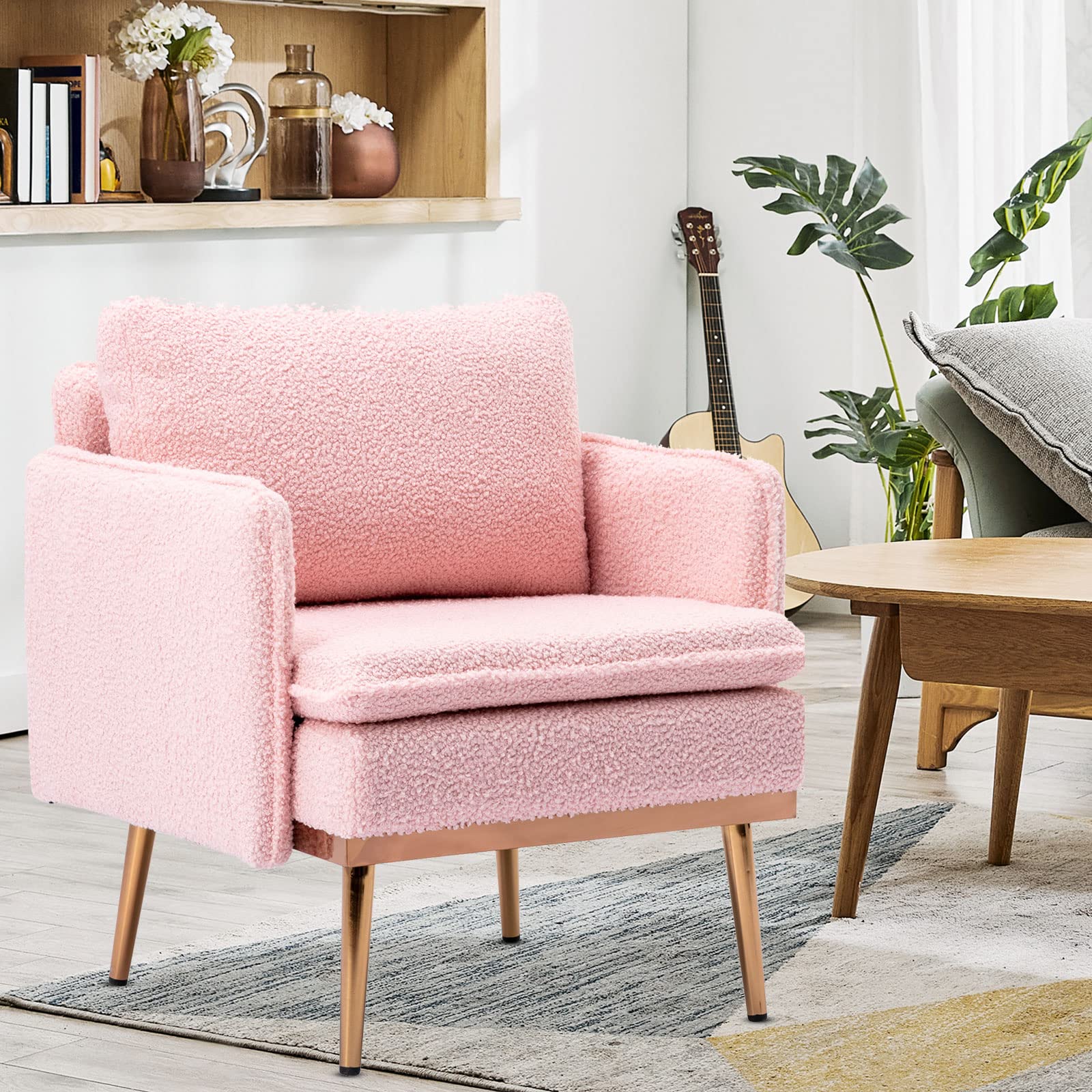 Mid Century Modern Accent Chair - Pink Tufted Upholstered Lounge Chair for Living Room & Bedroom, Polyester Single Sofa for Reading, Relaxing & Home Decor | Comfortable Indoor Armchair Furniture