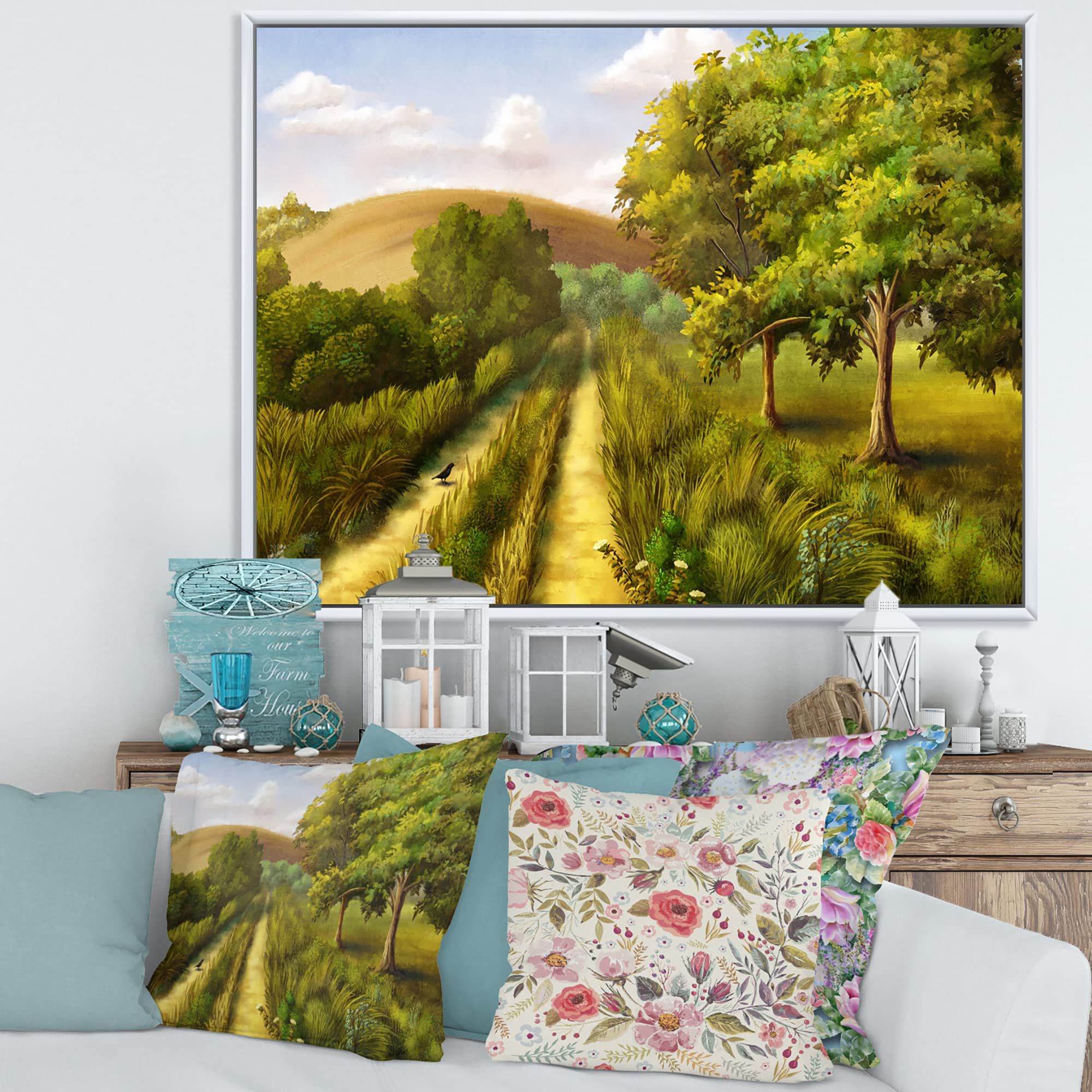 Vibrant Country Road Summer Landscape - Traditional Framed Canvas Wall Art Print for Living Room, Bedroom & Office Decor