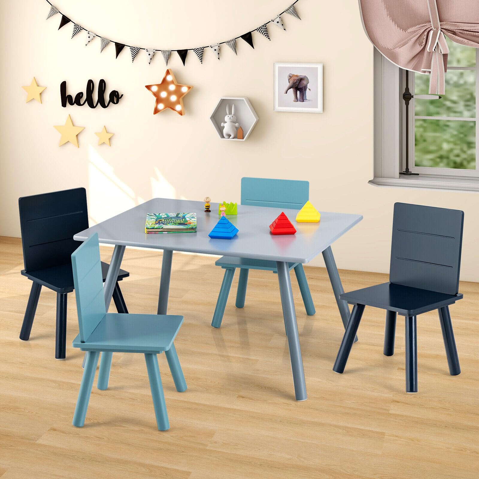 HONEY JOY Kids Table and Chair Set - 5 Piece Pine Wood Toddler Furniture with Building Blocks, Blue Children's Table & 4 Chairs for Daycare, Classroom, Playroom - Perfect Gift for Boys & Girls | Ideal for Learning, Playtime & Creative Activities