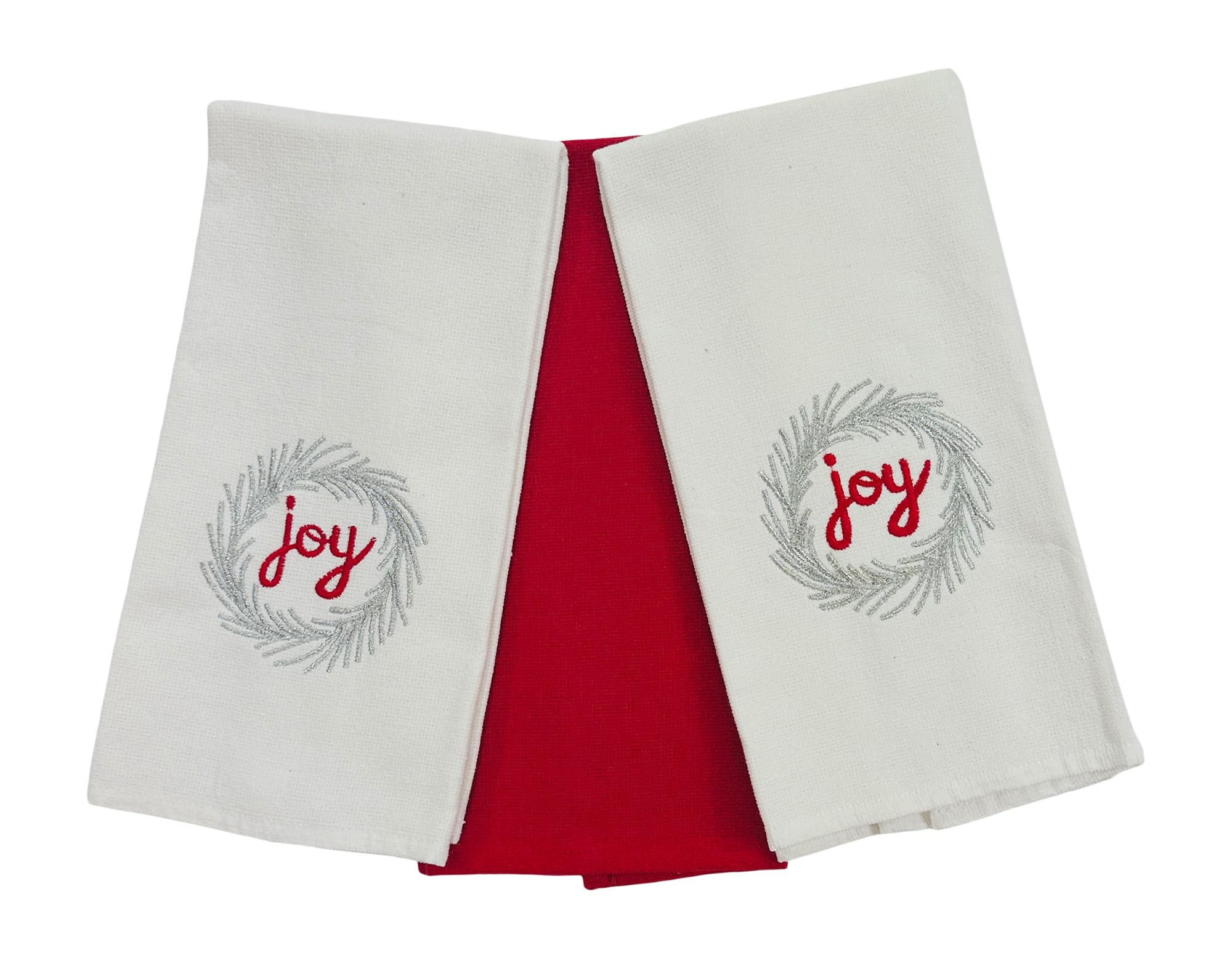 Christmas Joy Holiday Kitchen Hand Towels - Contemporary Silver Red Embroidered White Waffle Towels for Festive Decor & Gift Giving | Perfect for Holiday Parties, Home Decor & Hostess Gifts