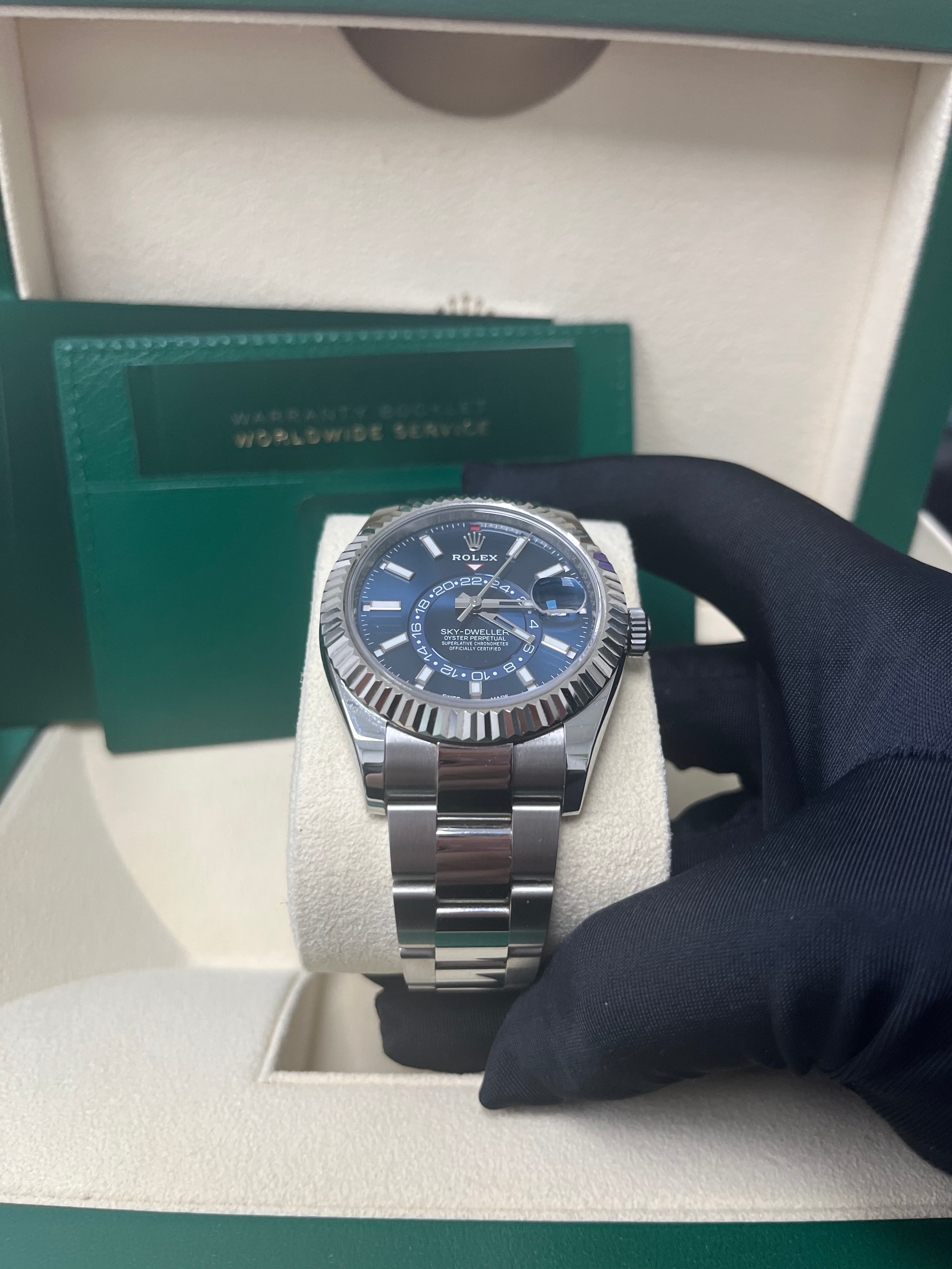 Rolex Sky-Dweller White Rolesor Blue Index Dial Oyster Bracelet Ref 326934 - Luxury Automatic Watch for Travel & Business Professionals