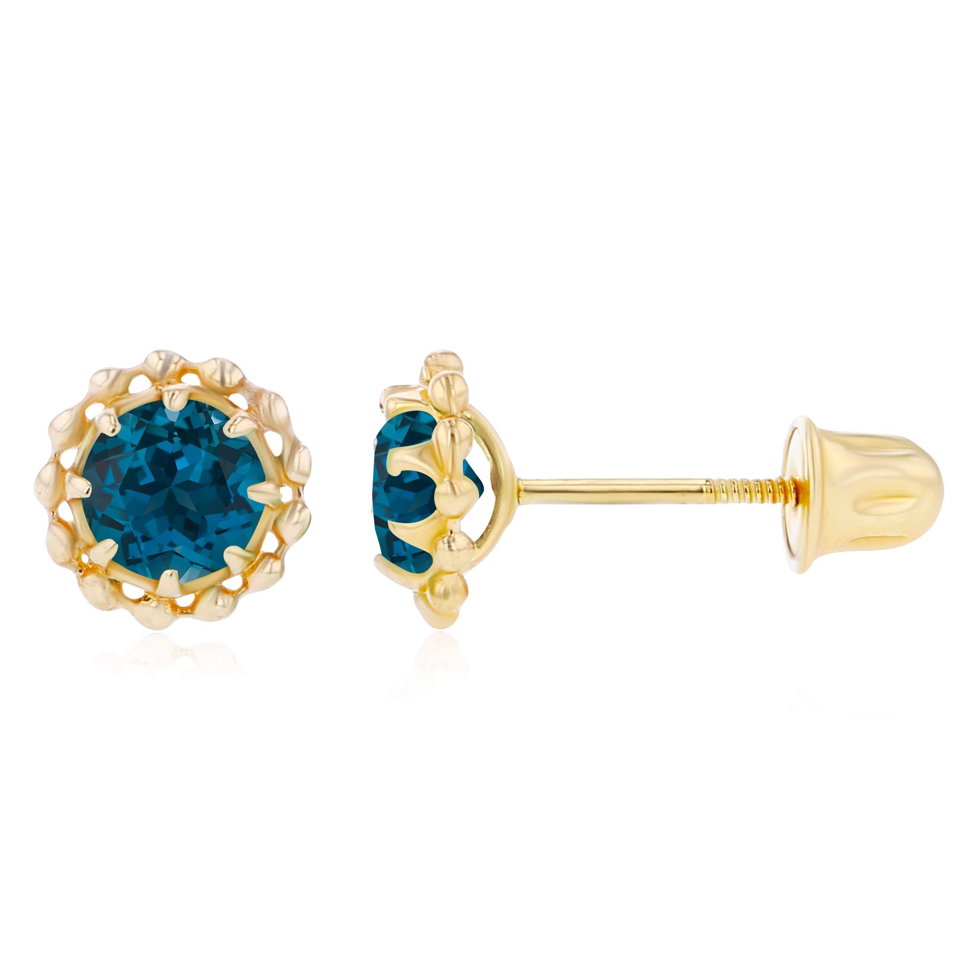 14K Gold Textured Halo Birthstone Stud Earrings for Women | 6mm & 4mm Round Screwback Earrings | Natural Gemstone Jewelry Gift for Mother's Day, Birthday & Anniversary