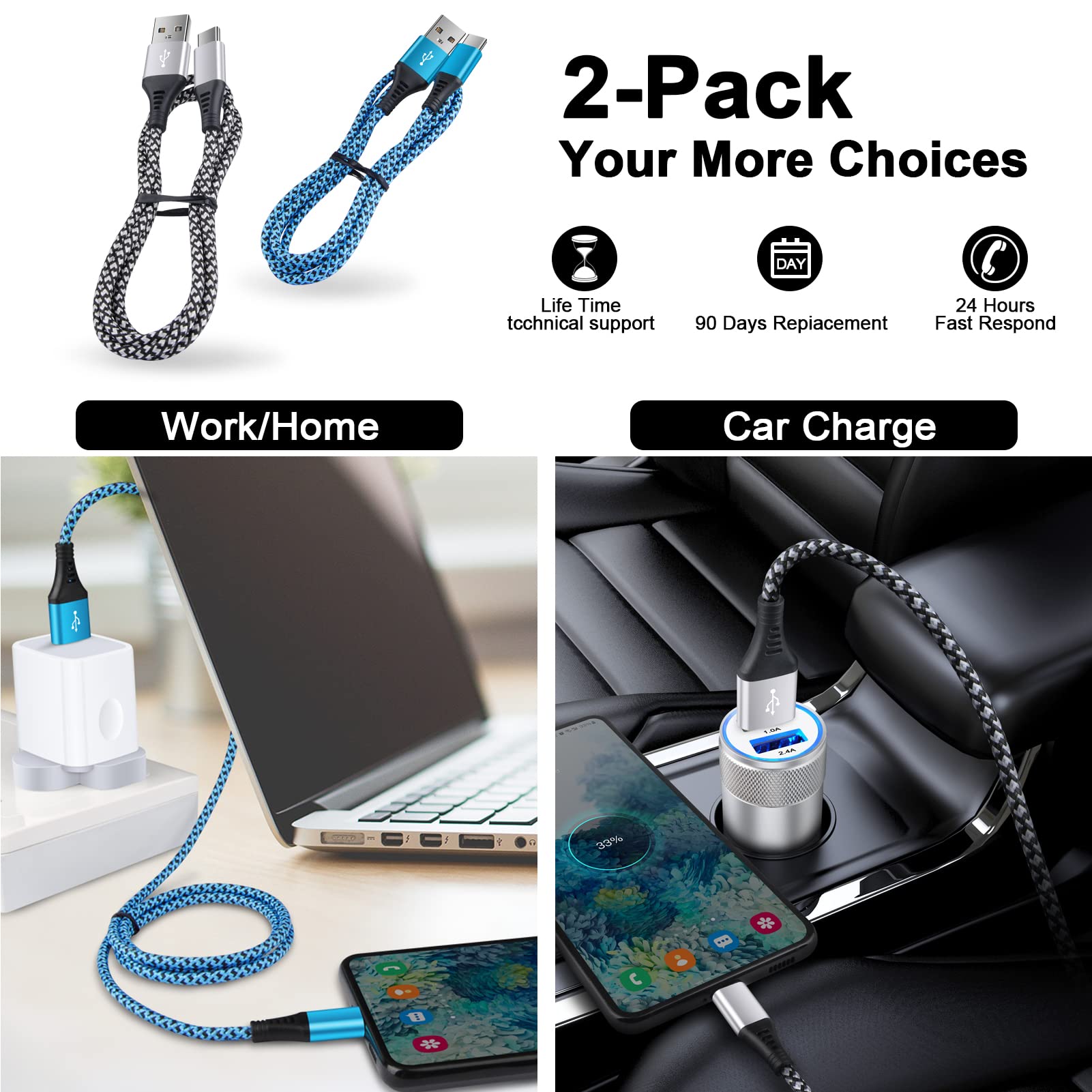 2-Pack 3FT USB C Fast Charging Cable for Samsung Galaxy S24/S23/S22/S21/S20, A15/A55/A14/A33/A53, S10/S9 - Also Compatible with Google Pixel & PS5 Controller - Durable Phone Charger Cord for Home, Office & Travel