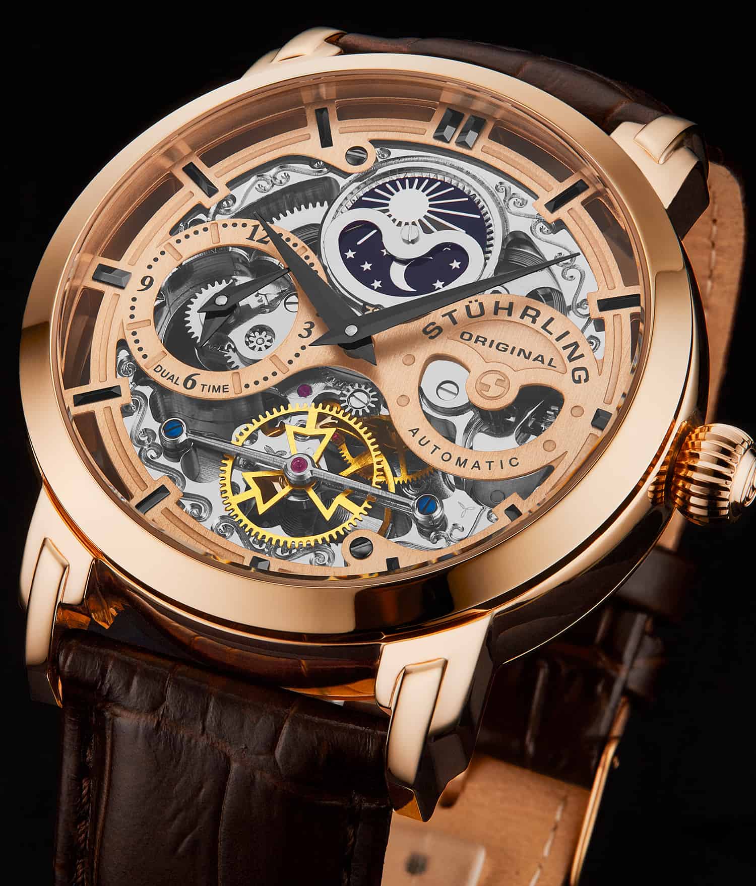 Anatol Dual Time 371 Automatic 46mm Skeleton Watch for Men - Luxury Stainless Steel Mechanical Timepiece with Exhibition Caseback - Perfect for Business, Formal Events & Gift Giving