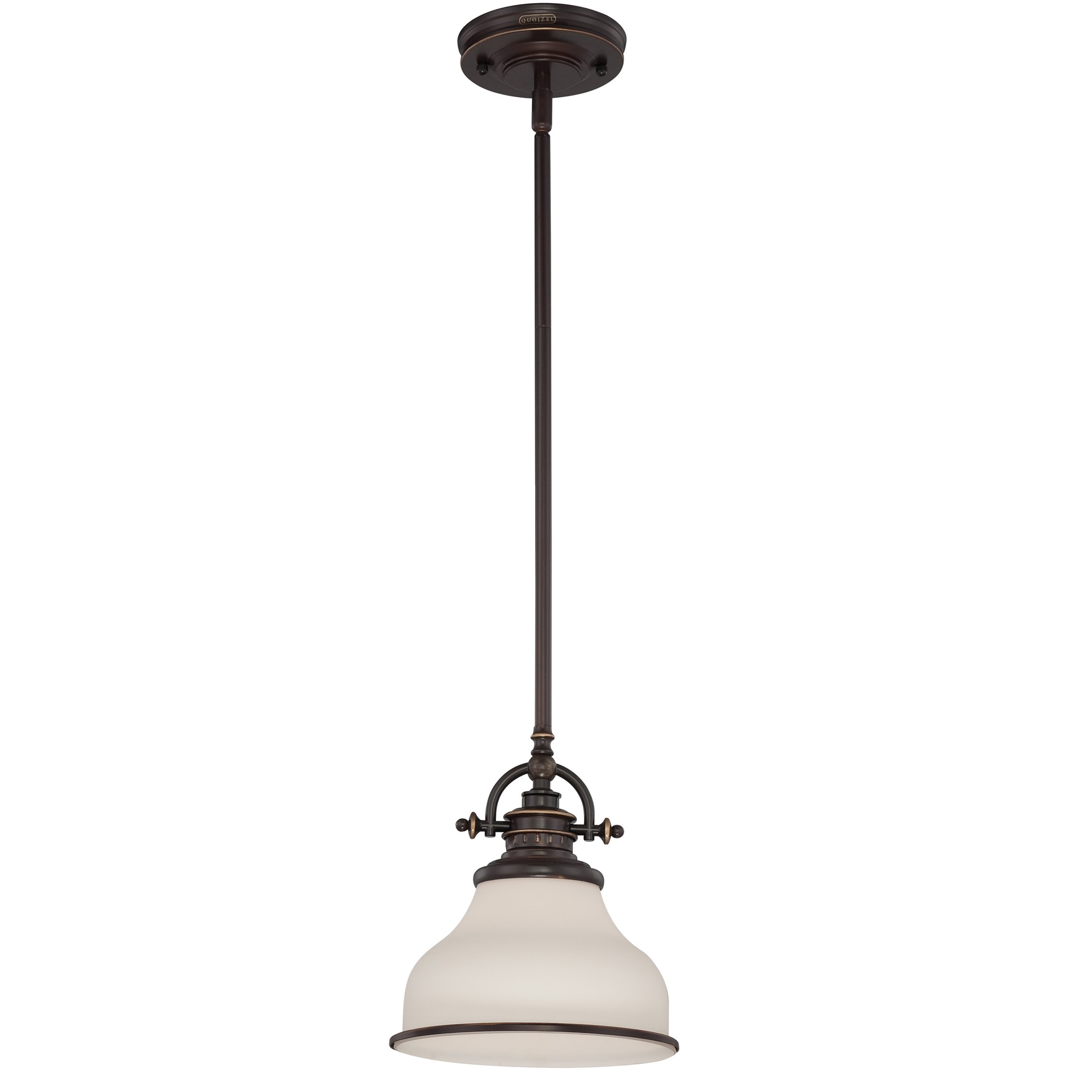Quoizel Grant Mini Pendant Light - 8 Inch 1-Light Palladian Bronze Opal Etched Glass Hanging Ceiling Fixture for Kitchen Island, Dining Room, Hallway, Bedroom, Bar, Cafe & Office | Modern Industrial Lighting for Home & Commercial Spaces