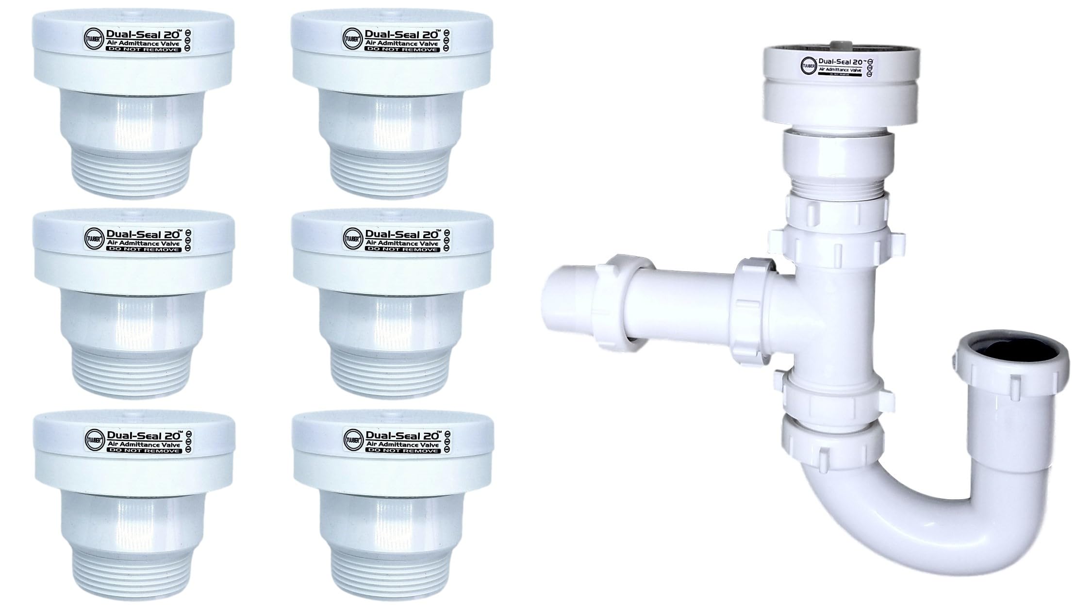 1-1/2 Inch Tuuber Air Admittance Valve (6 Pack) with Trap Assembly Kit - Plumbing Ventilation Solution for Sinks, Showers & Washing Machines - Prevent Sewer Gases & Maintain Drain Flow