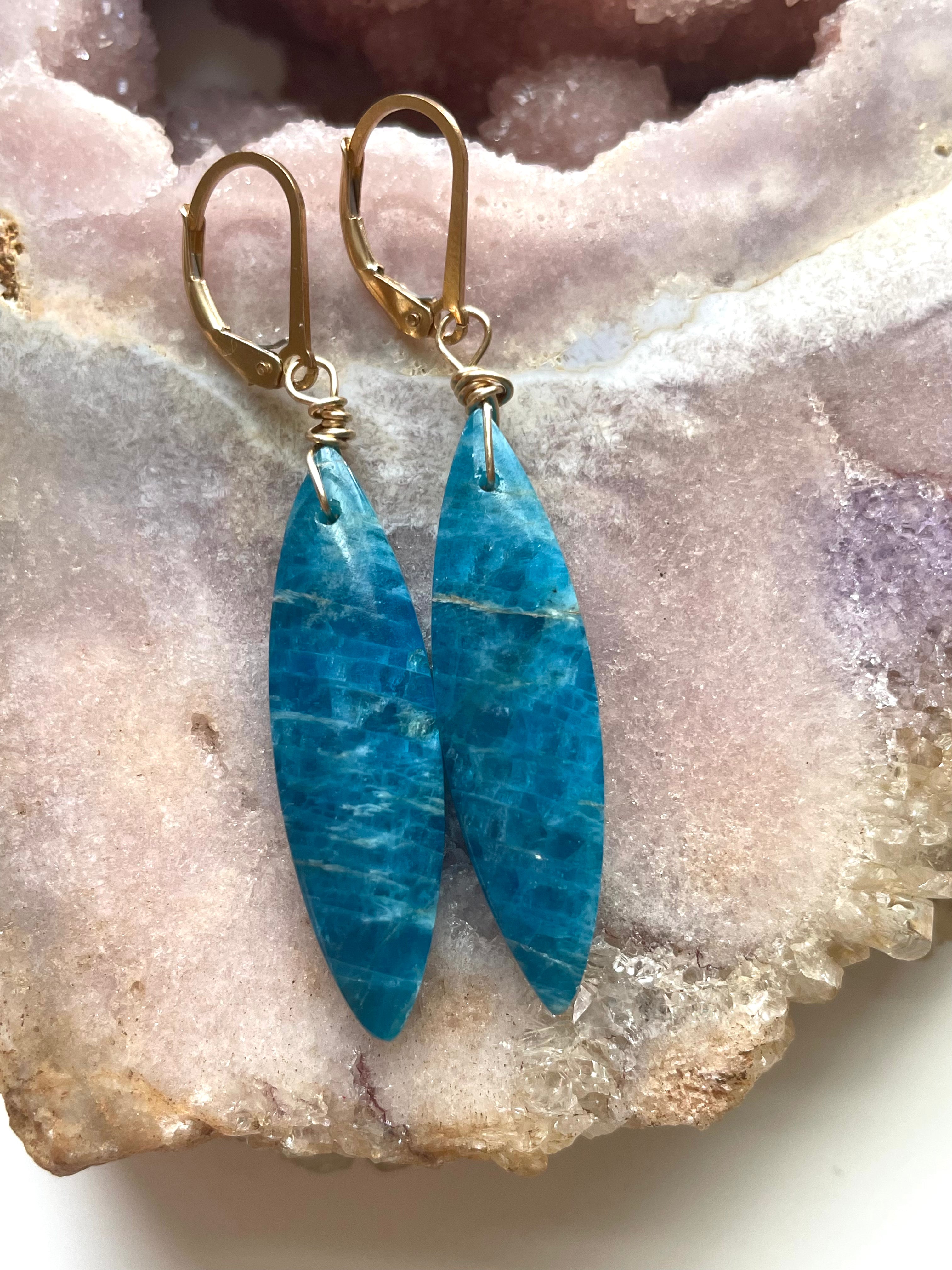 Gold Blue Apatite Dangle Crystal Earrings for Women - Elegant Handmade Bohemian Jewelry for Party, Wedding & Special Occasions