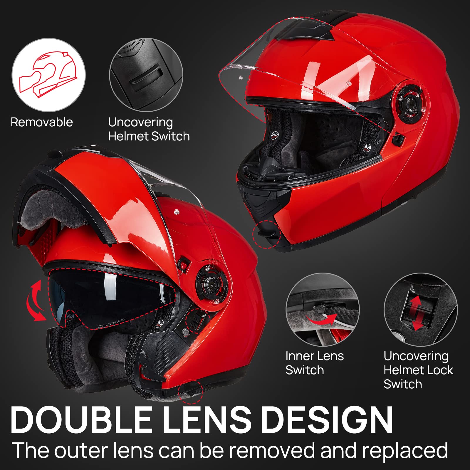 ILM Adult Motorcycle Modular Full Face Helmet - DOT Approved Flip Up Dual Visor Helmet for Men & Women (Red, X-Large) - Perfect for Street Biking, Cruiser Rides & Long-Distance Touring