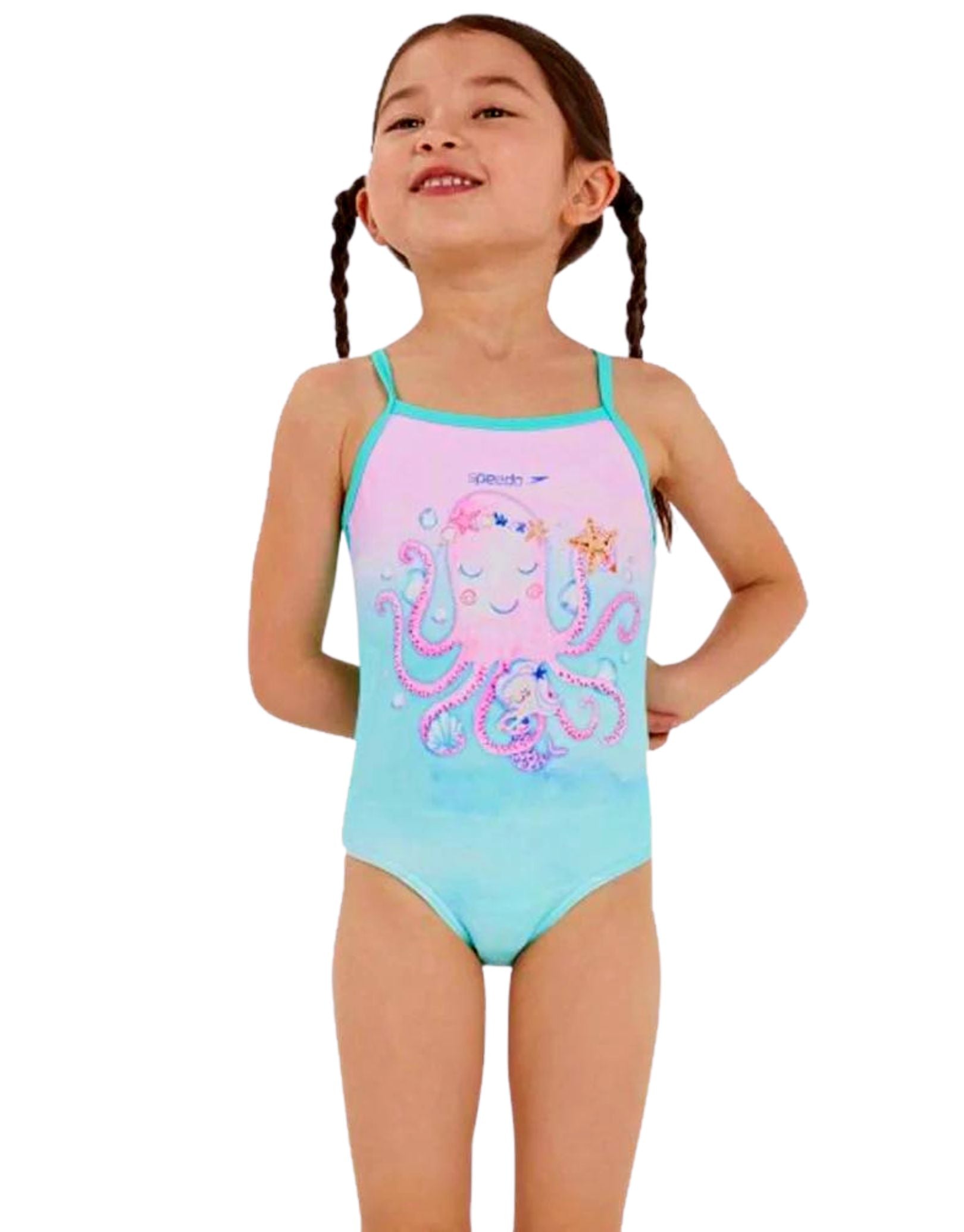 Girls' Digital Print Thinstrap Swimsuit - Pink & Mint Two-Tone Design | Perfect for Beach, Pool & Summer Vacations