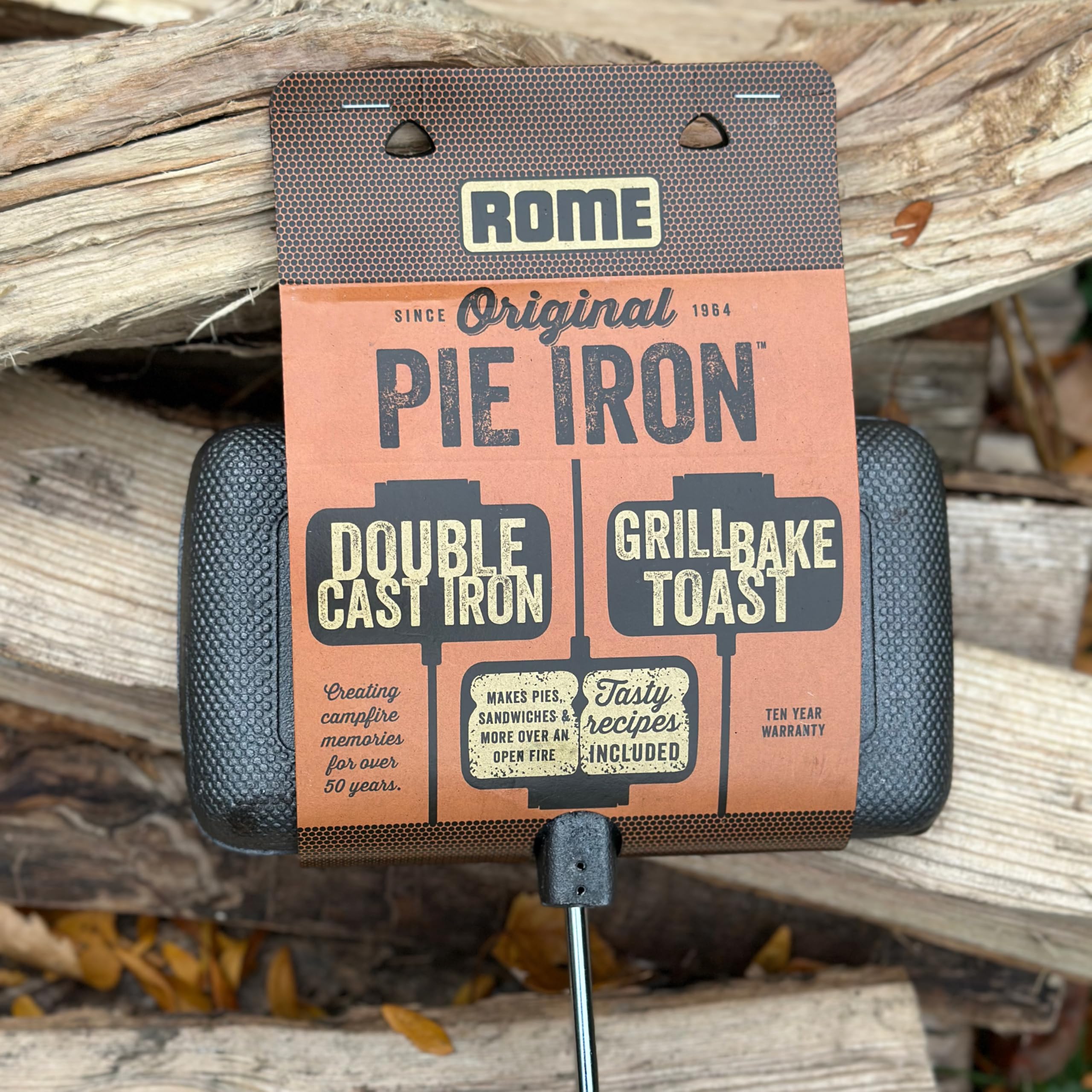 Rome Industries 1605 Double Pie Iron with Steel & Wood Handles - Campfire Pie Maker for Outdoor Cooking, Camping & Backyard BBQs