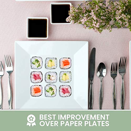 [6 Sets of 4] 10x10 Inch White Square Melamine Plates - Unbreakable Elegant Dinnerware Set with Sauce Dish - Perfect for Restaurants, Picnics, Parties & Outdoor Dining