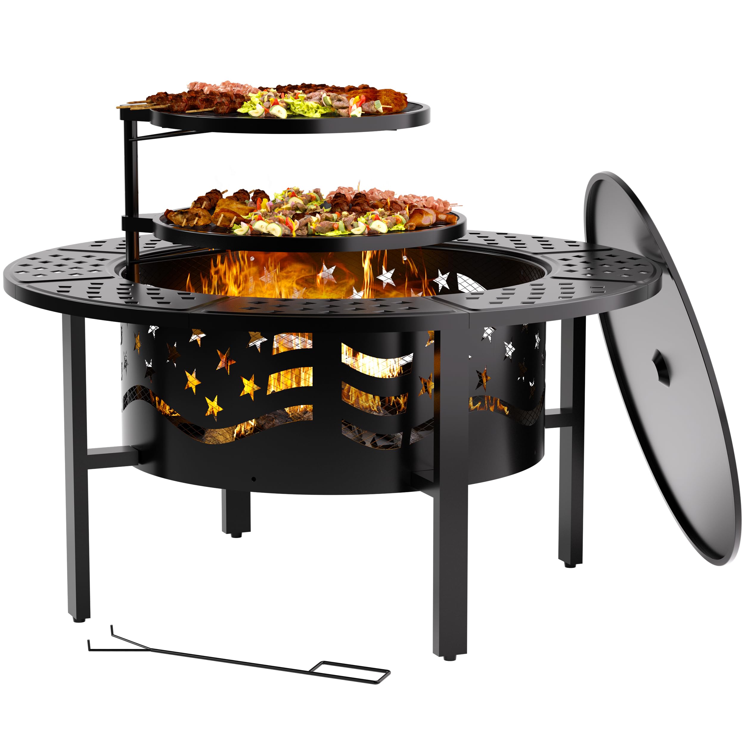 PrimeZone 42 Inch Large Outdoor Fire Pit with 2 Grills & Cover - Heavy Duty Steel Wood Burning Fire Pit for Backyard, Patio, Camping - Perfect for Bonfires, Picnics, and Outdoor Gatherings