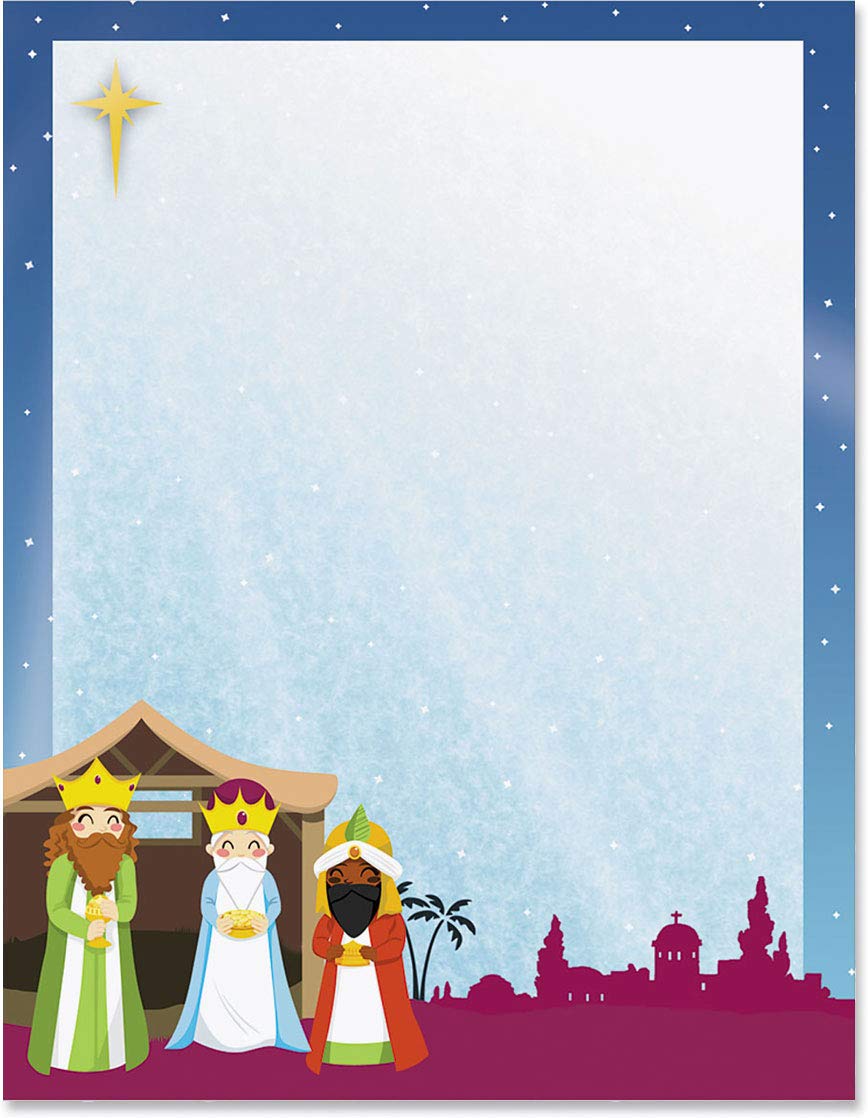 Premium Christmas Holiday Stationery Set - Wisemen's Journey Winter Theme Border Paper & Letterhead (8.5 x 11, 100 Sheets) Elegant Decorative Writing Paper for Festive Cards, Seasonal Letters & Holiday Office Use